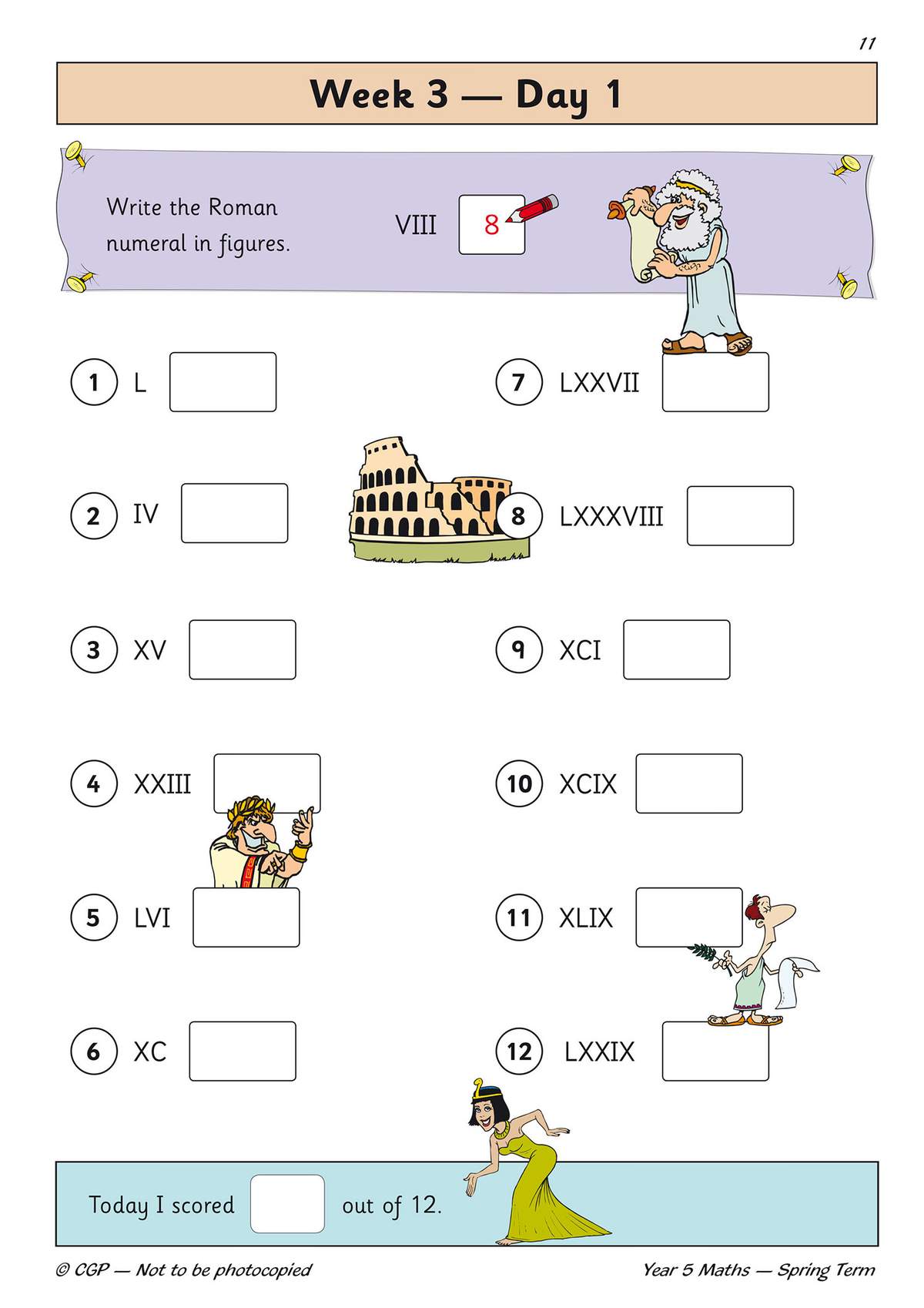 Children convert Roman numerals to figures in 12 exercises, with a scoring box at the bottom