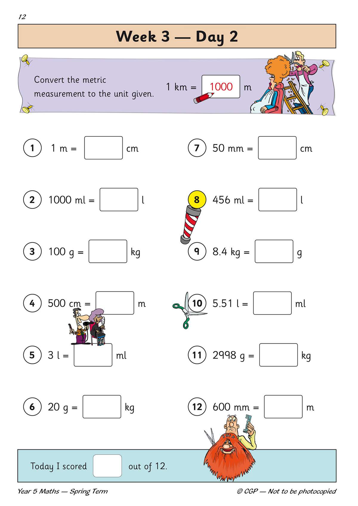 Twelve metric conversion questions for length, mass and volume, with a scoring box at the bottom