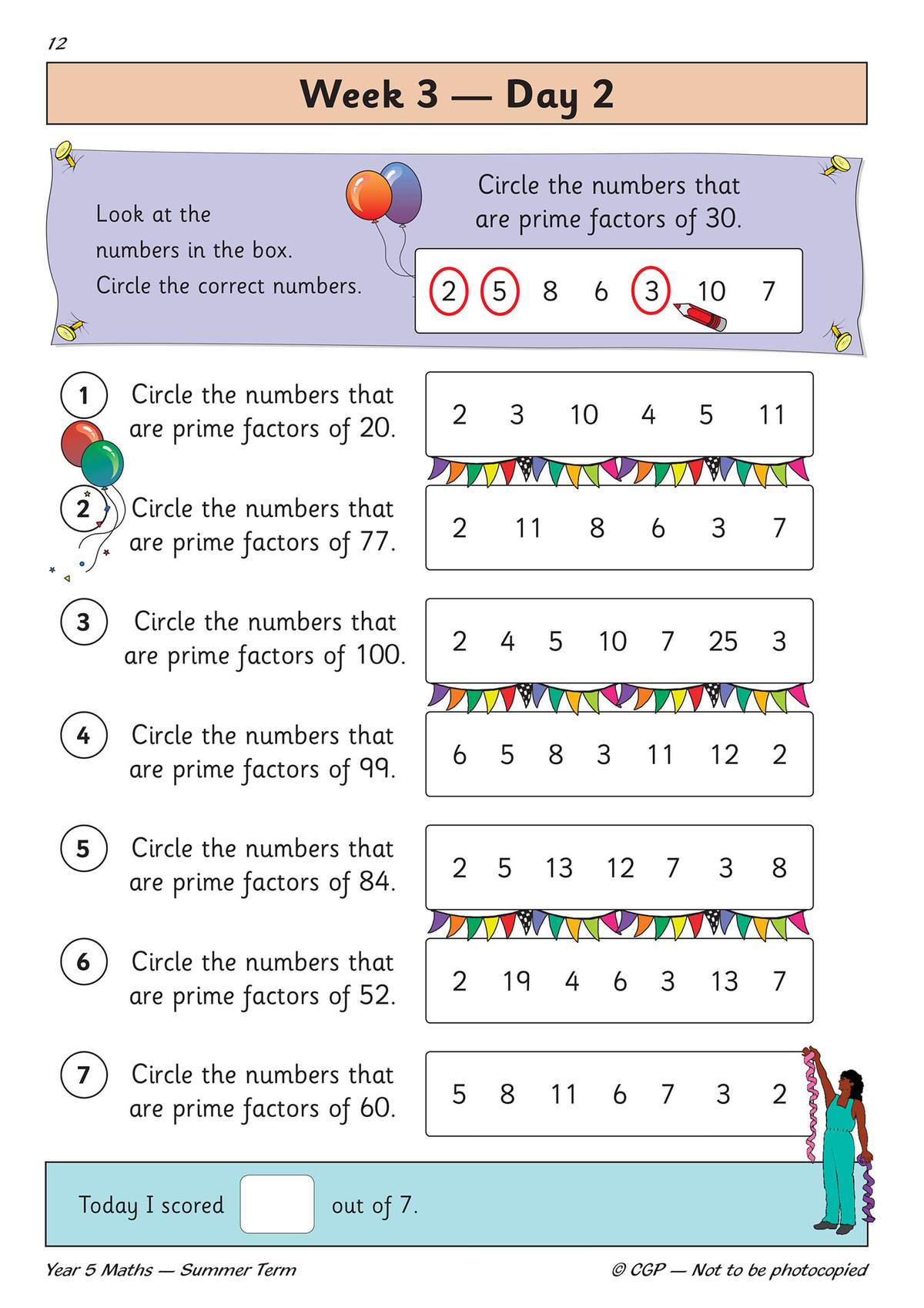 Seven questions ask children to circle the prime factors of given numbers, with a scoring box at the bottom