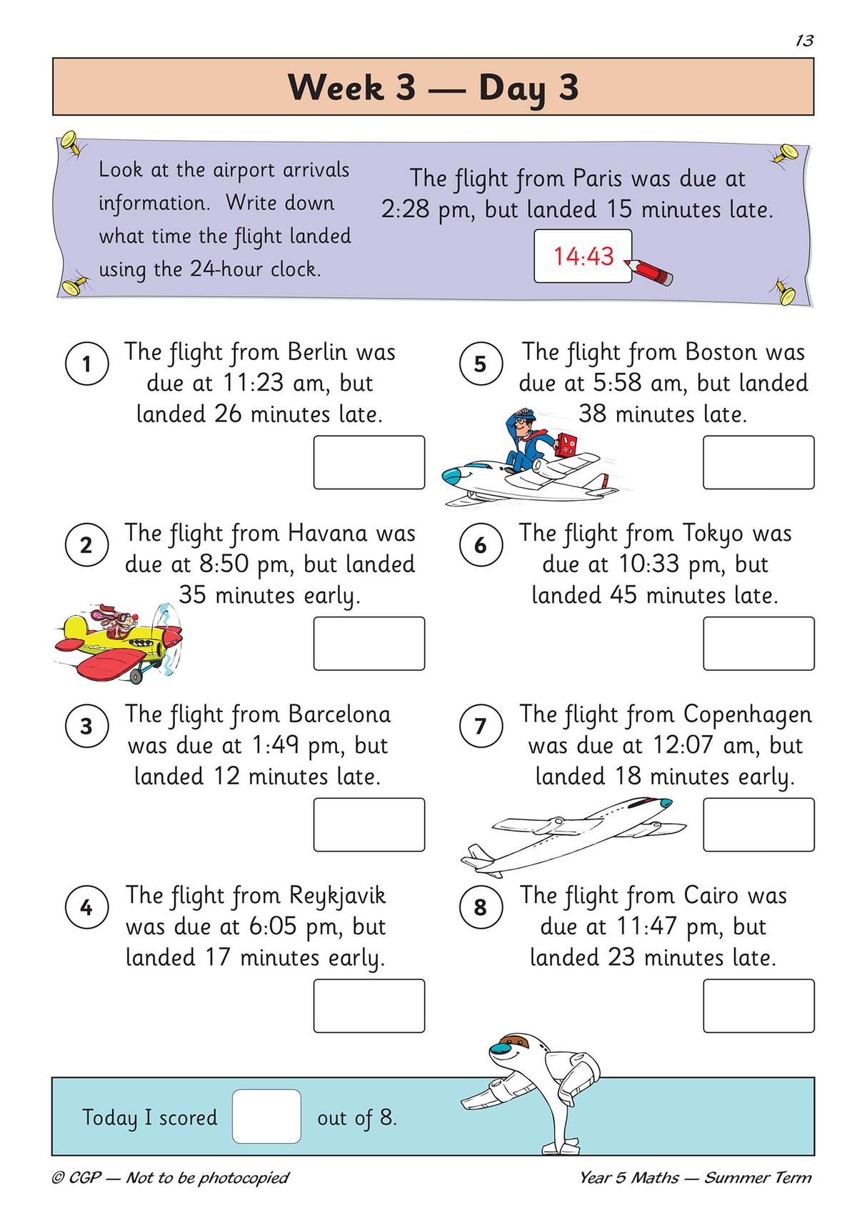 Children calculate flight arrival times using the 24-hour clock, writing answers in boxes and scoring themselves at