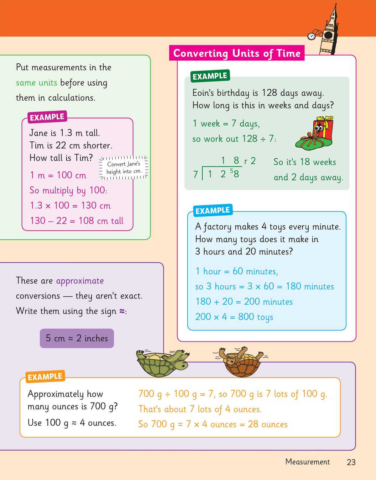 Worked examples show how to convert days to weeks, hours to minutes, and grams to ounces using simple calculations