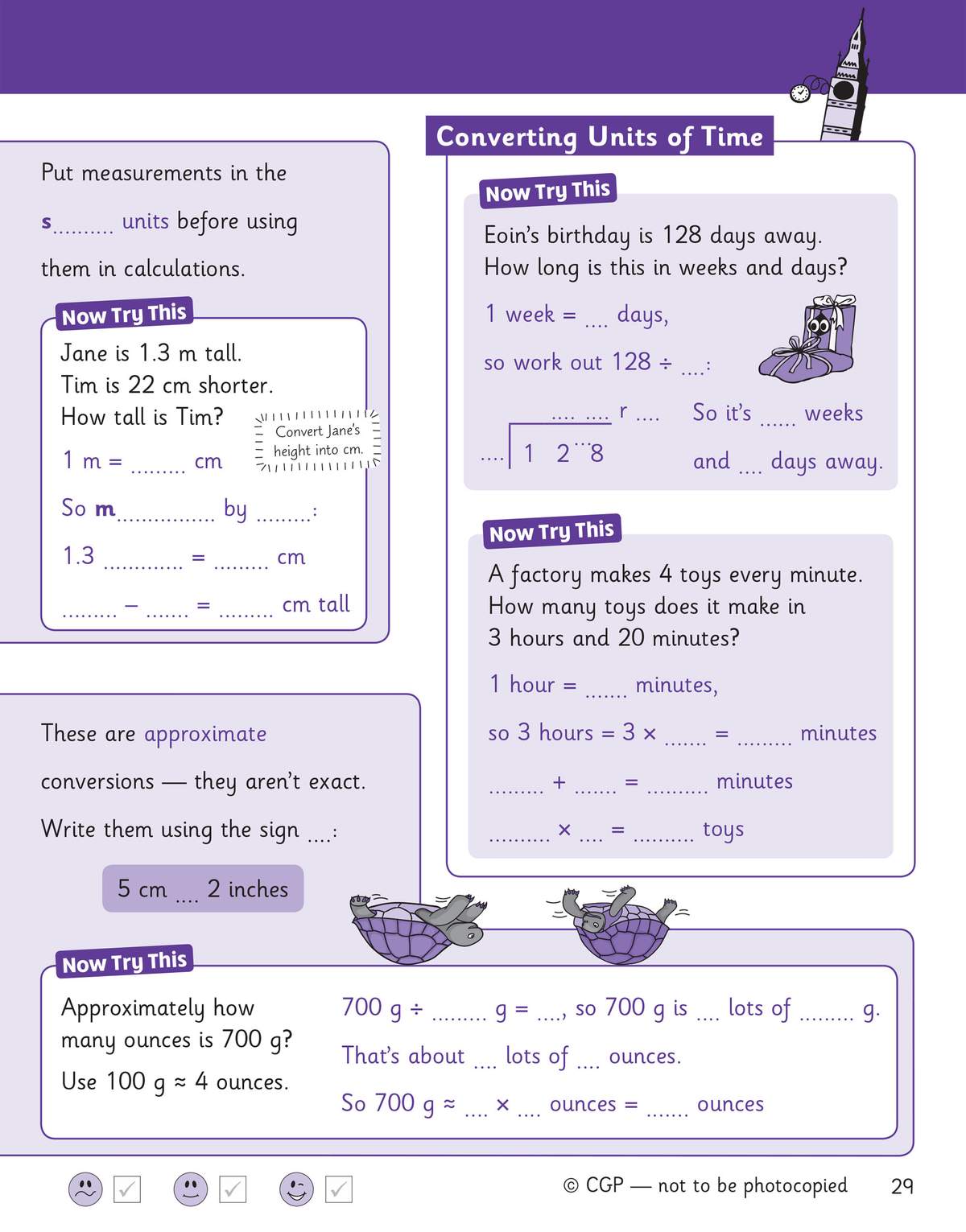 Children convert measurements between units of time and mass using fill-in-the-blank exercises and simple calculations
