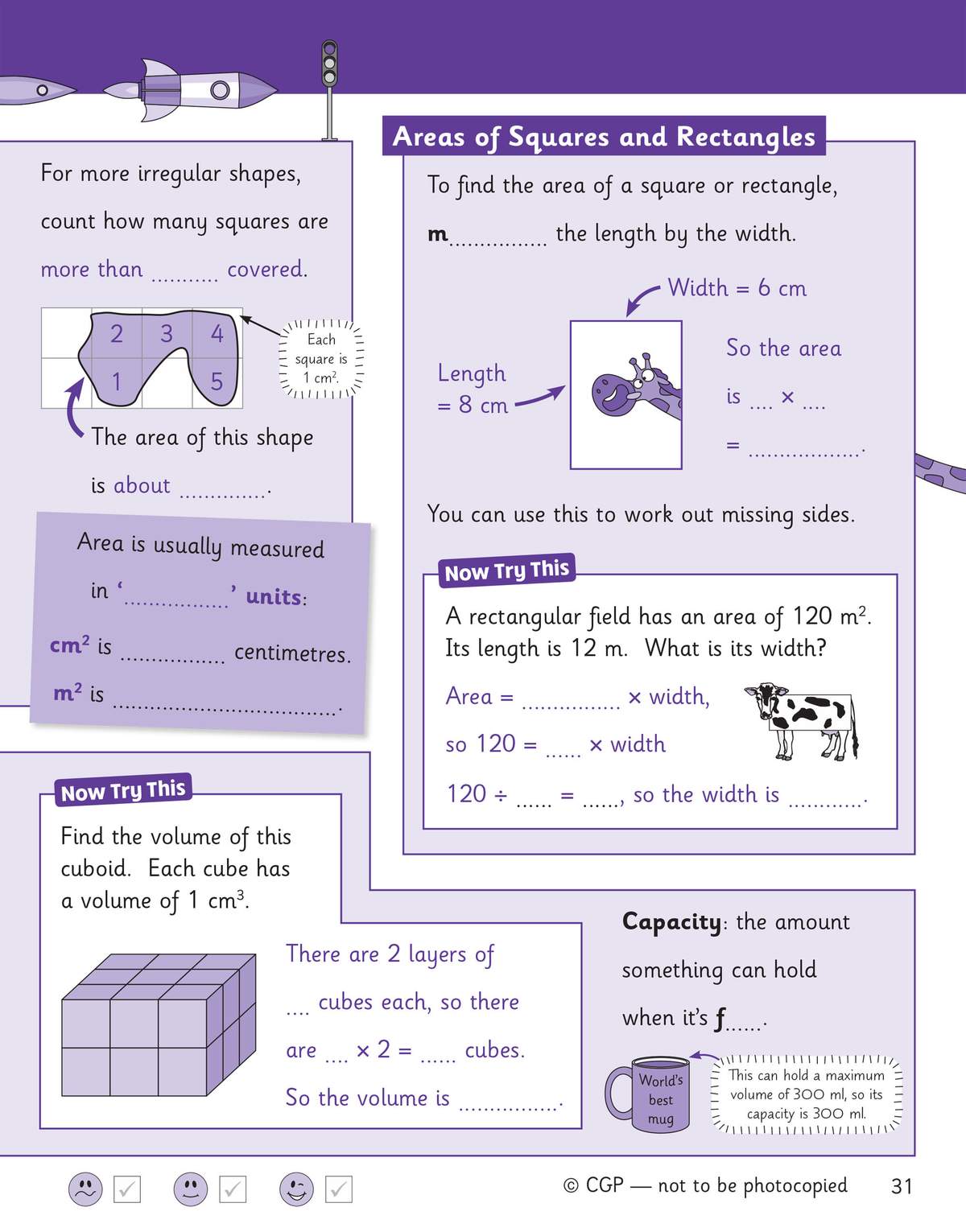 Children fill in blanks to learn how to calculate area and volume, using examples with a giraffe and a cuboid