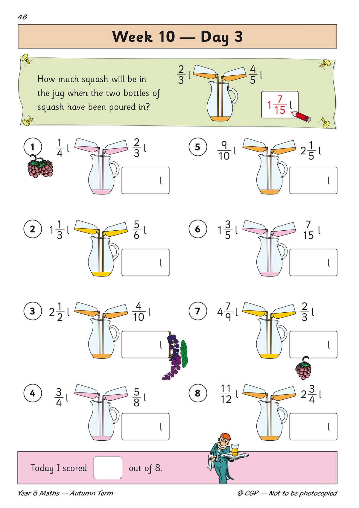 Eight questions ask children to add volumes of squash shown in bottles to find the total in a jug