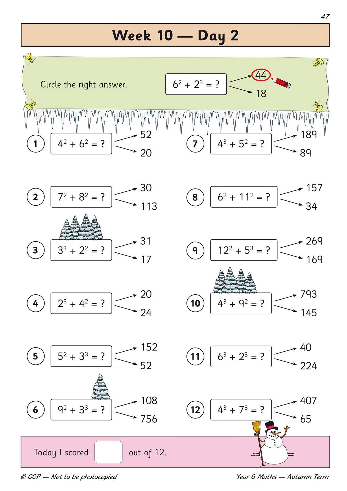 Twelve multiple-choice questions on squares and cubes, with a snowman theme and a self-scoring box at the bottom