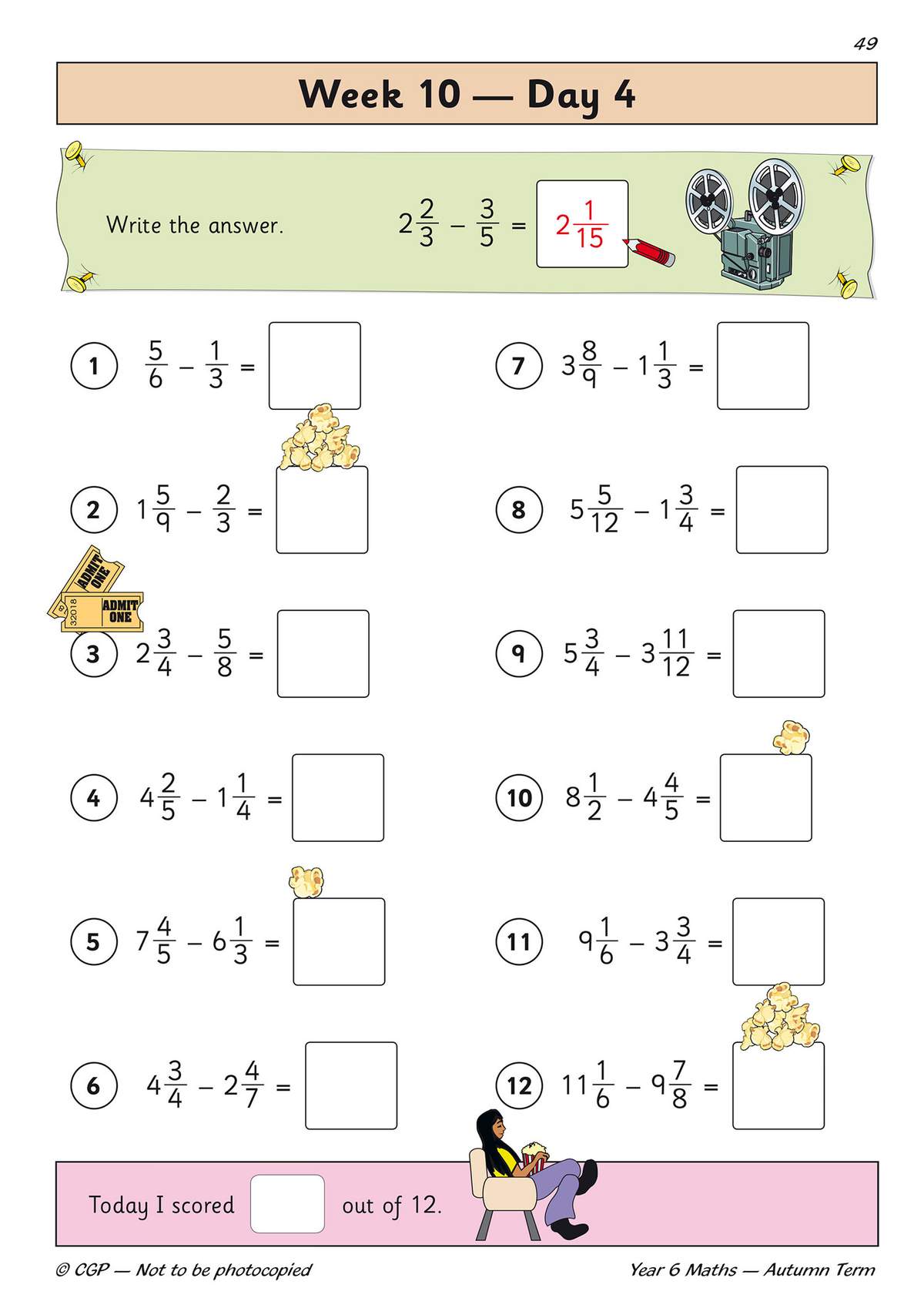 Twelve subtraction problems involving mixed fractions, with a cinema theme and a space to record the score