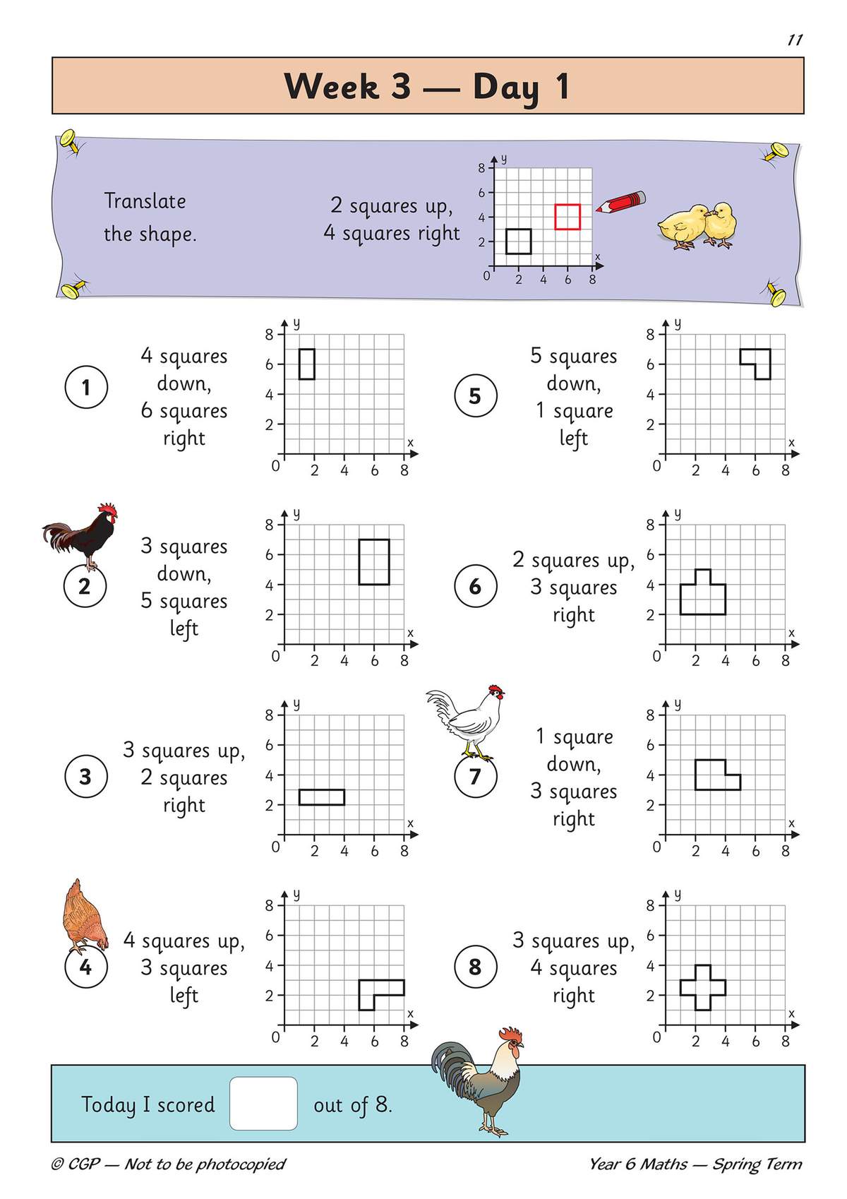 Children translate eight shapes on a grid using directional instructions, with a scoring box at the bottom