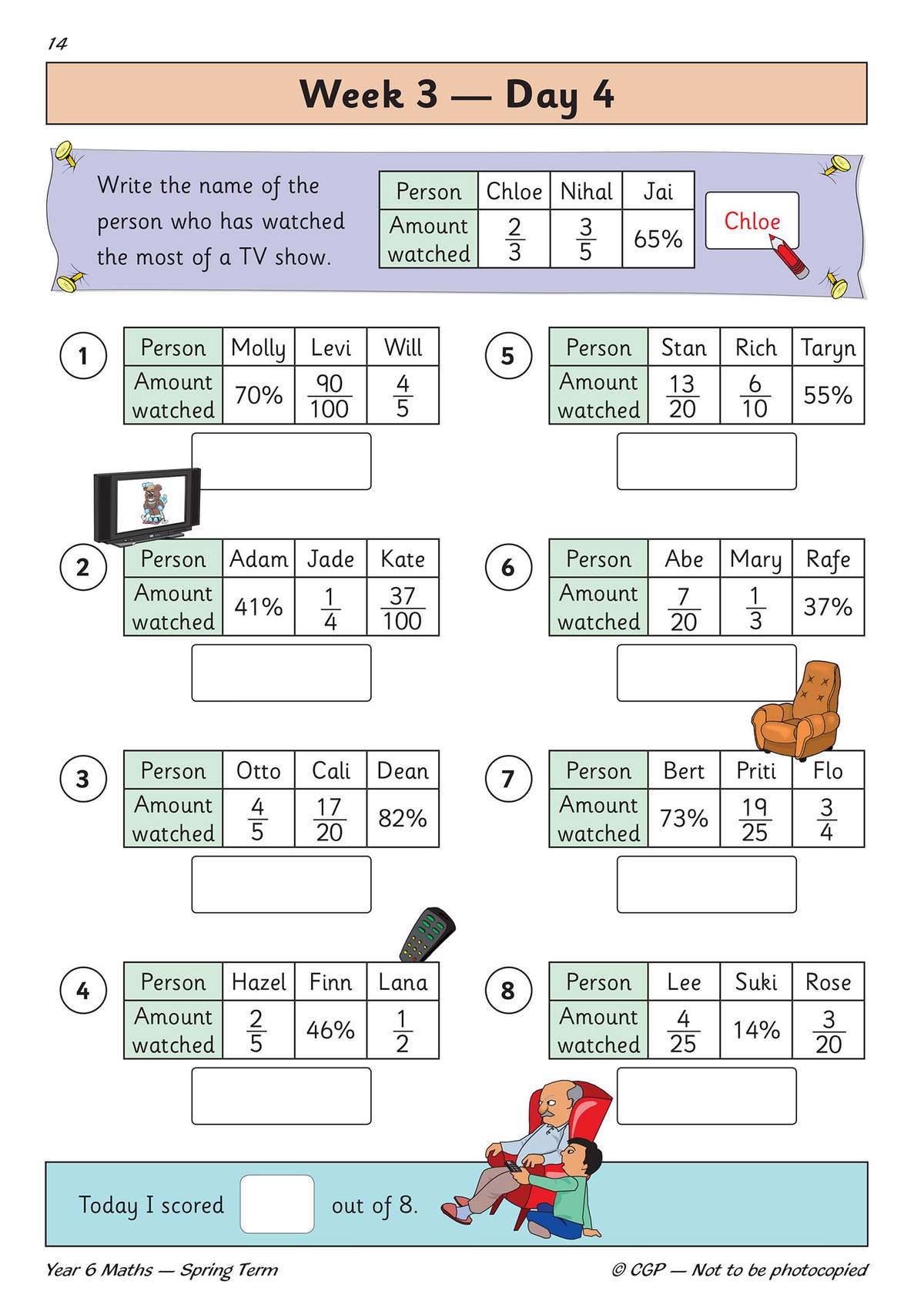 Eight questions ask children to compare fractions, decimals and percentages to find the largest value