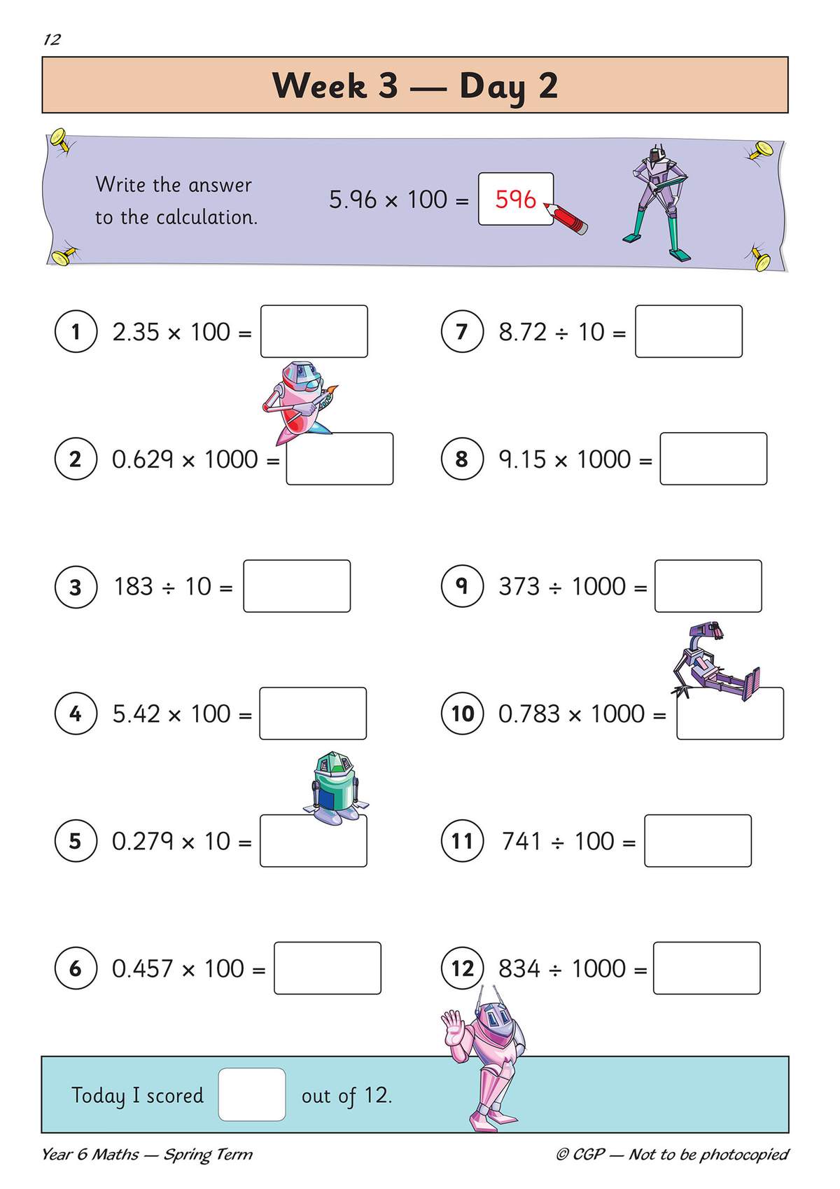 Twelve calculation questions on multiplying and dividing decimals by 10, 100 and 1000, with a scoring box at the bottom