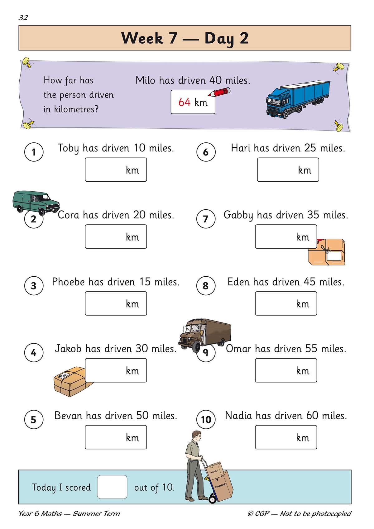 Ten questions ask children to convert miles to kilometres, with a scoring box at the bottom