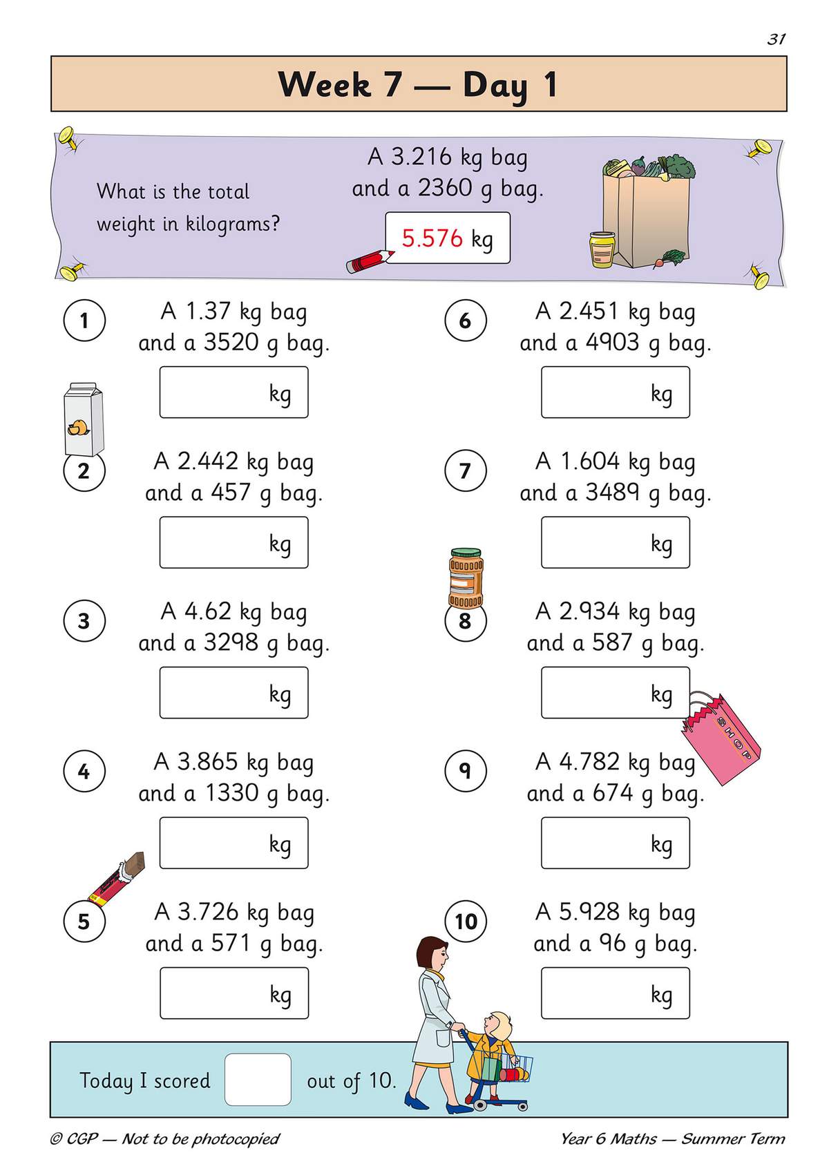 Ten questions ask children to add weights in kilograms and grams, converting to kilograms and writing the answer in a box