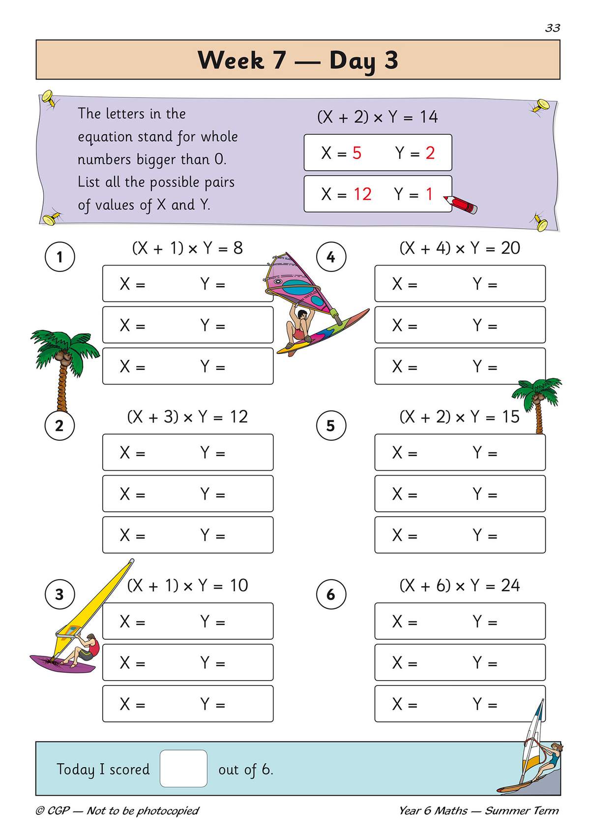 Children list all possible whole number pairs for X and Y in six algebraic equations, using a scoring box to track progress