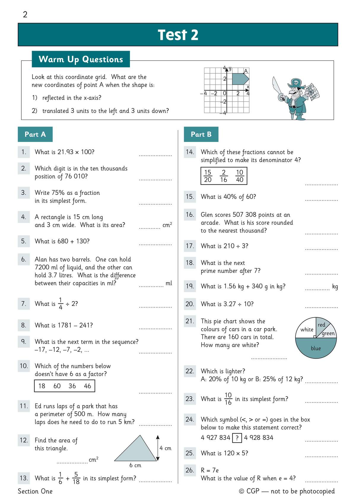 A Year 6 maths test page with 26 questions covering mental arithmetic, fractions, percentages and coordinate geometry