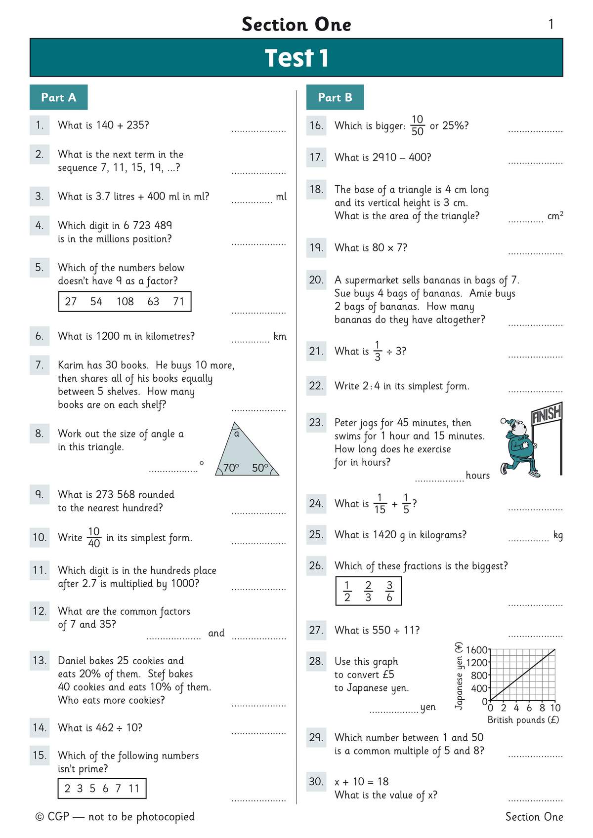 A test page with 30 questions covering addition, subtraction, fractions, and word problems, including a graph to interpret