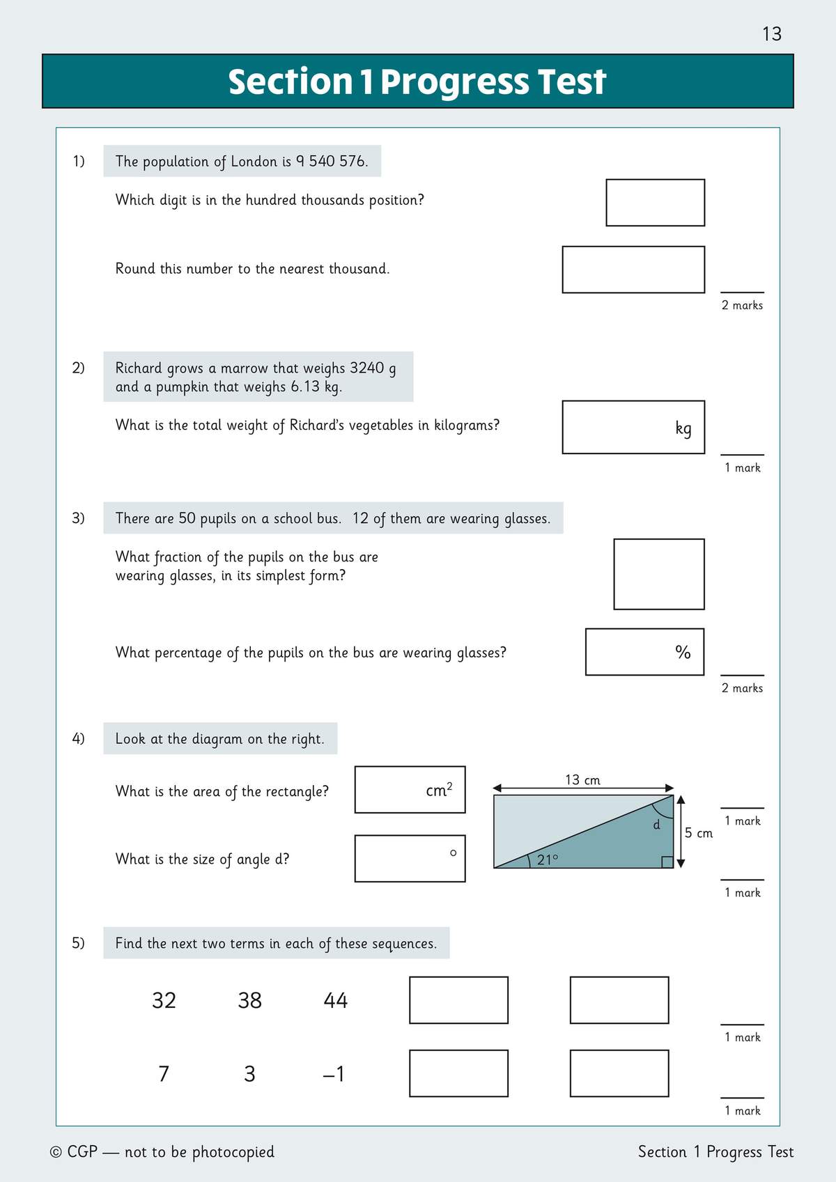 A progress test with five questions on rounding, unit conversion, fractions, geometry and number sequences