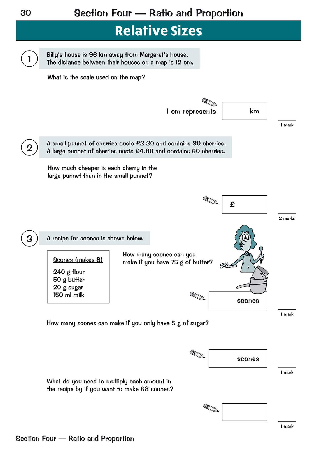 Three questions on map scales, cherry prices and scone recipes, with boxes to fill in answers