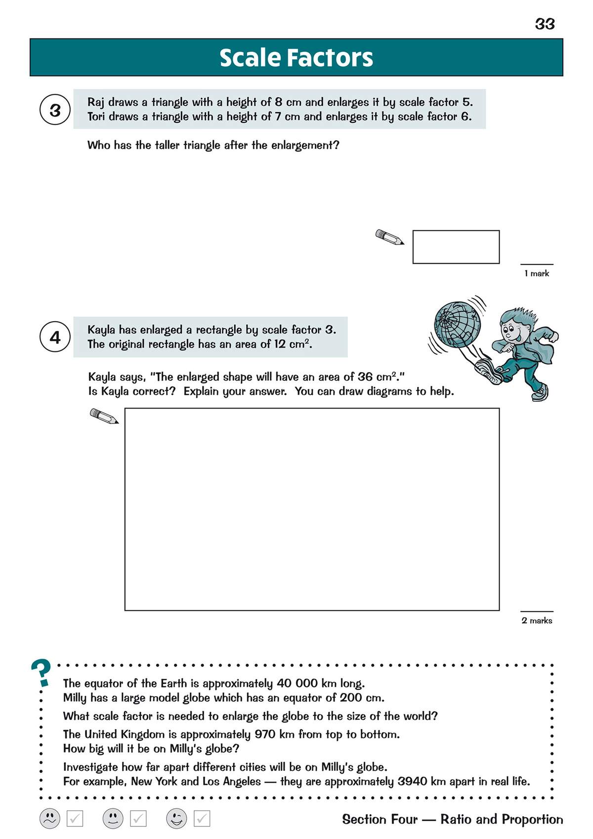 Three questions on scale factors and enlargement, including drawing diagrams and explaining answers