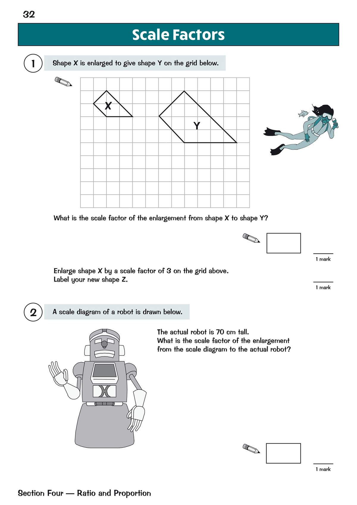 Two questions on scale factors, including enlarging shapes on a grid and finding the scale factor from a diagram