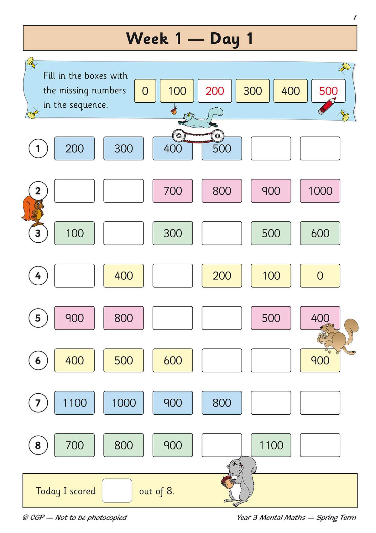 Children fill in missing numbers in eight sequences to 1100, with a self-assessment box at the bottom