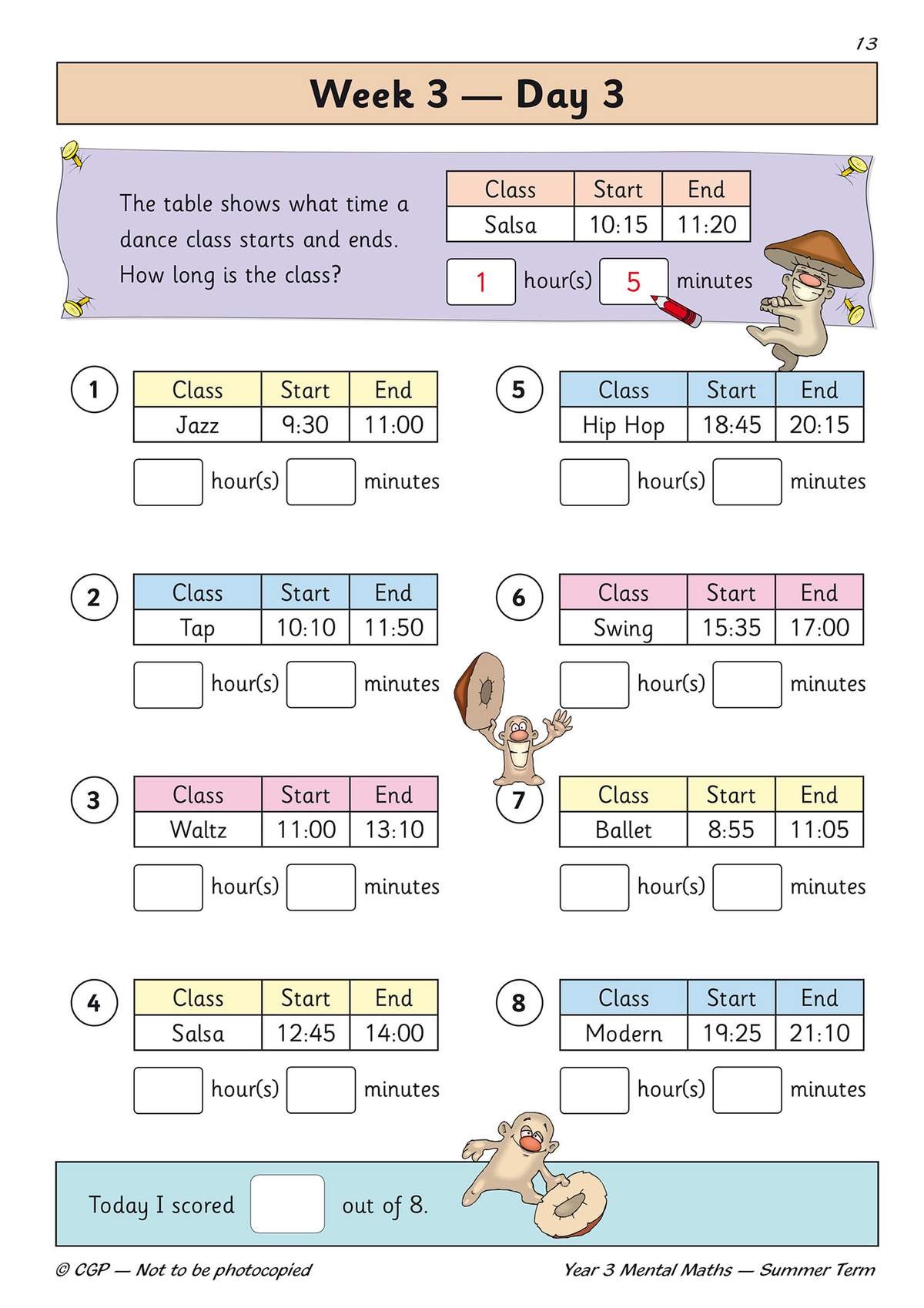 Eight questions ask children to calculate the duration of dance classes given start and end times