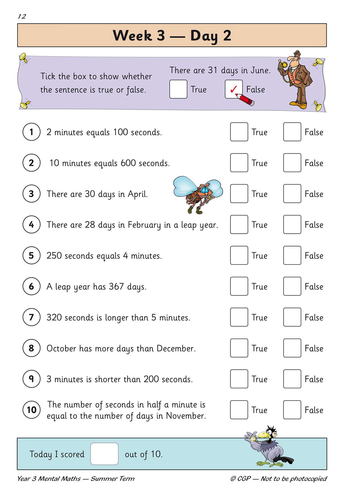 Ten true or false questions on time and calendar facts, with a scoring box at the bottom