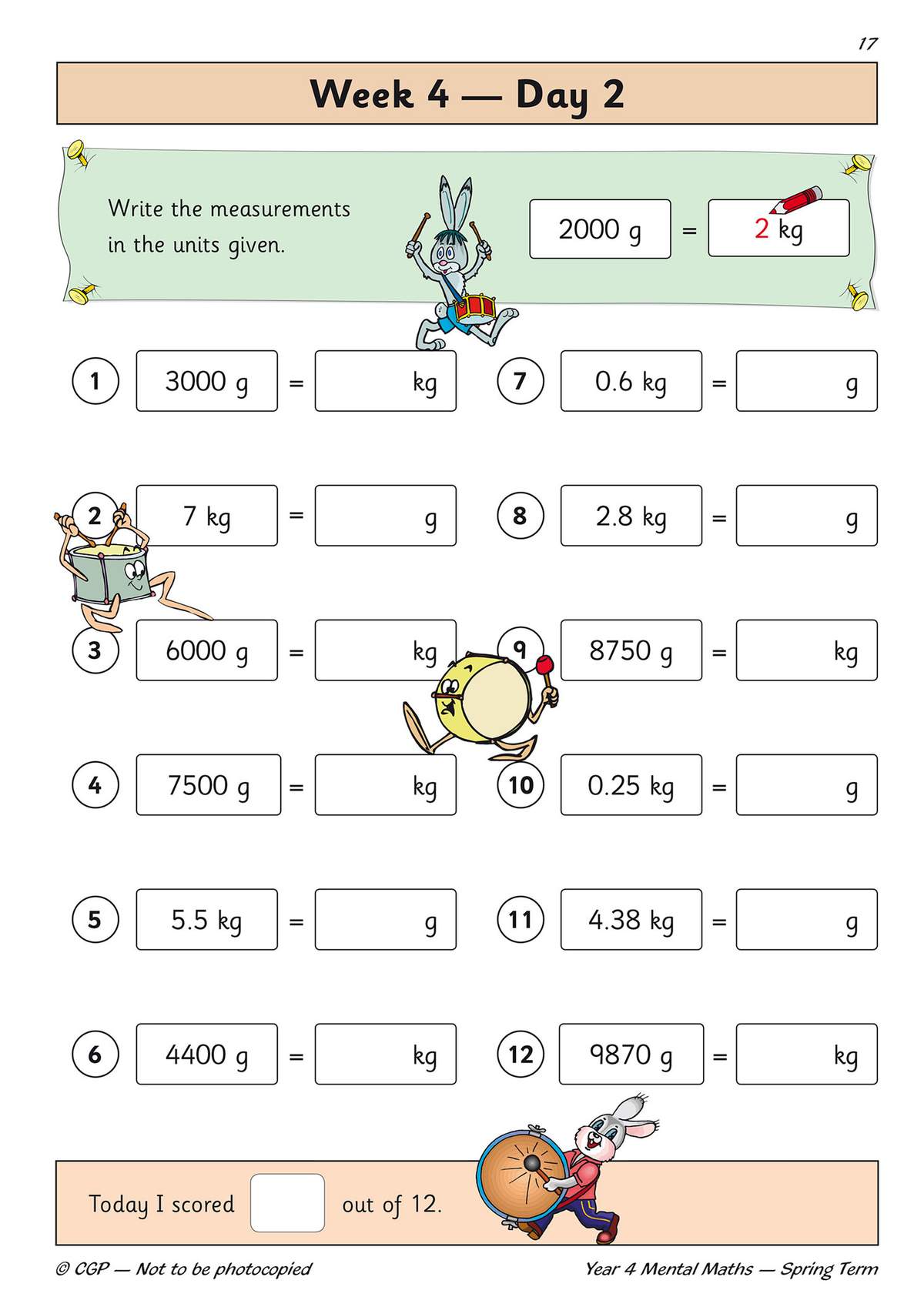 Twelve conversion questions between grams and kilograms, with a self-assessment box at the bottom