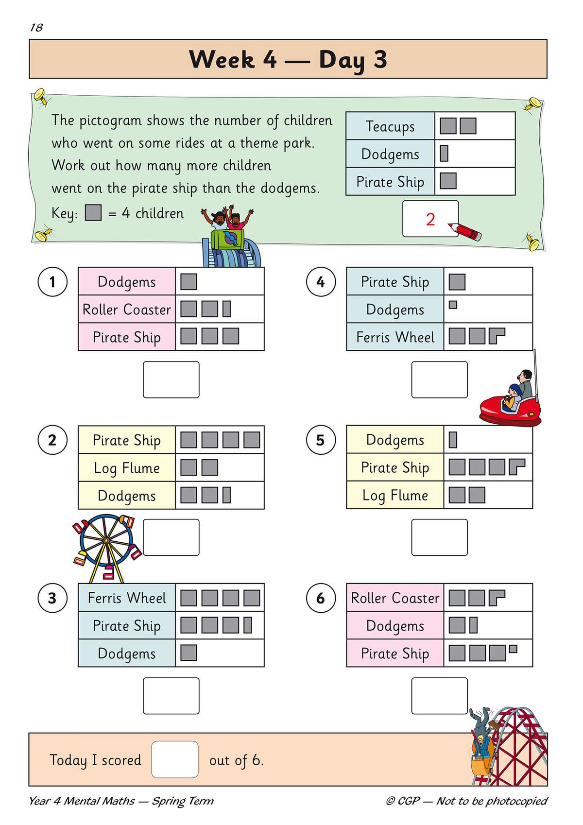 Children work out differences from six pictograms of theme park rides, then tick a box to record their score