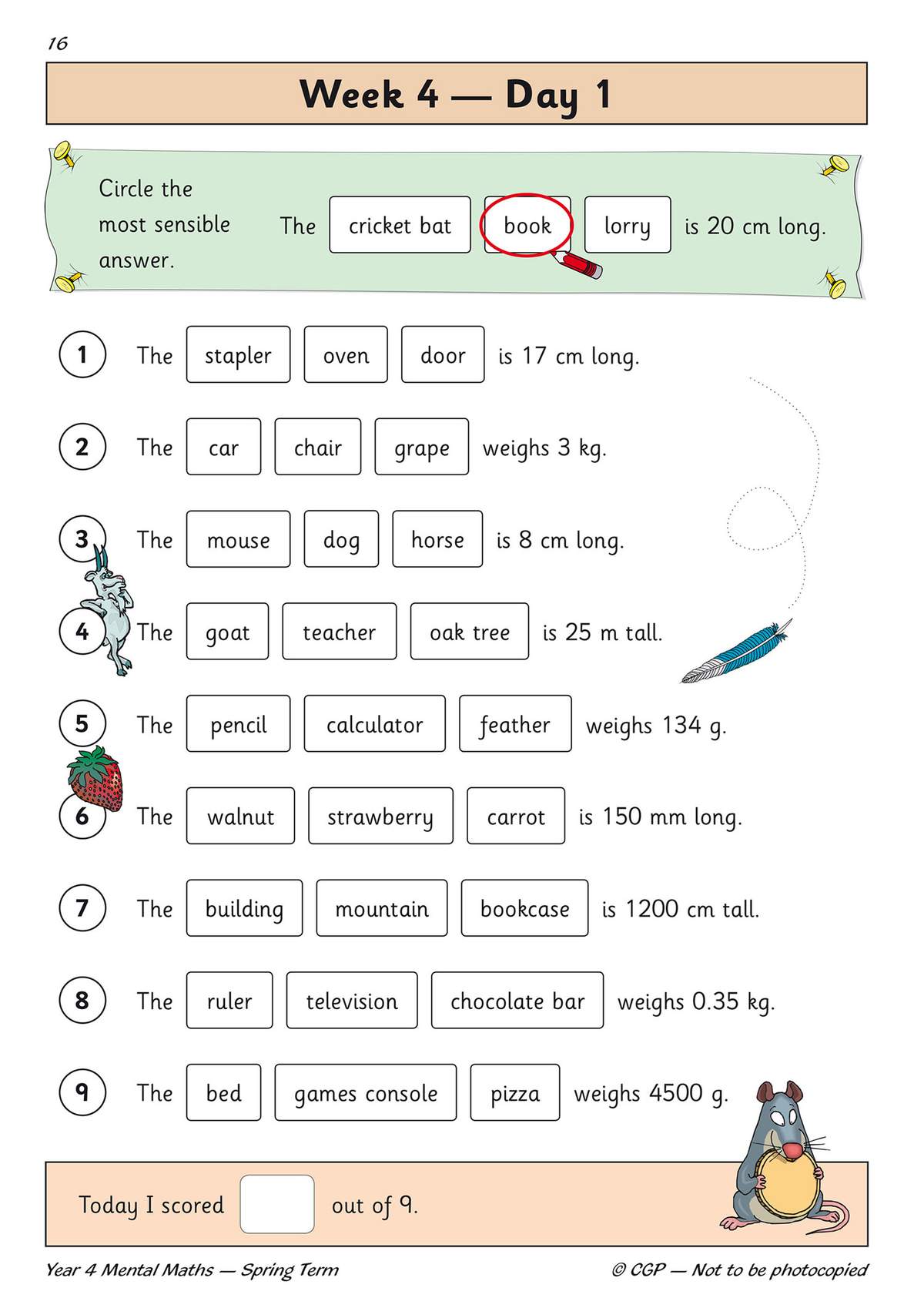 Nine questions ask children to circle the most sensible object for a given size or weight, building estimation skills
