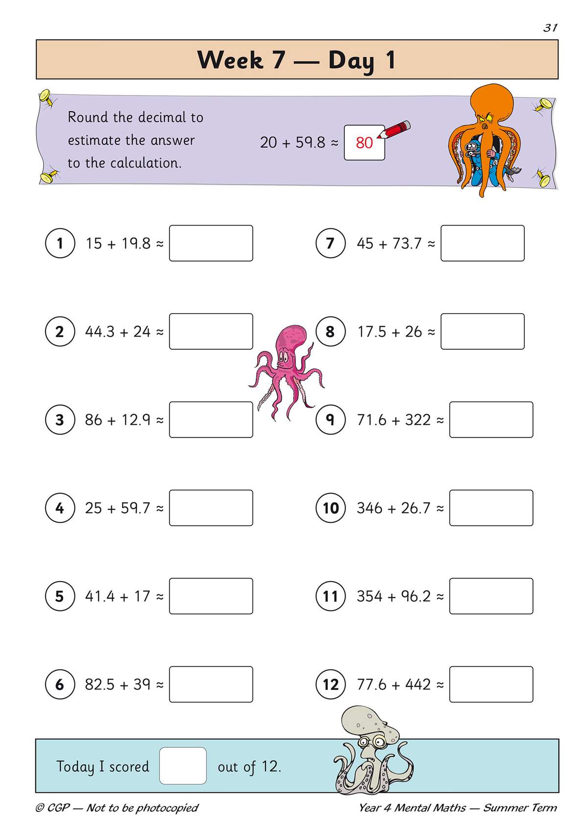 Twelve mental maths questions where children round decimals to estimate sums, with a self-scoring box at the bottom