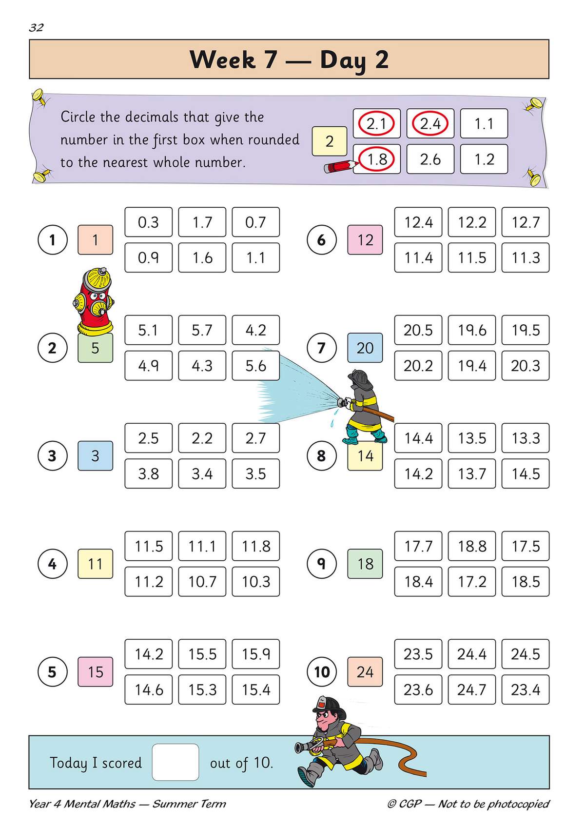 Ten questions where children circle decimals that round to a given whole number, with a self-scoring box at the bottom