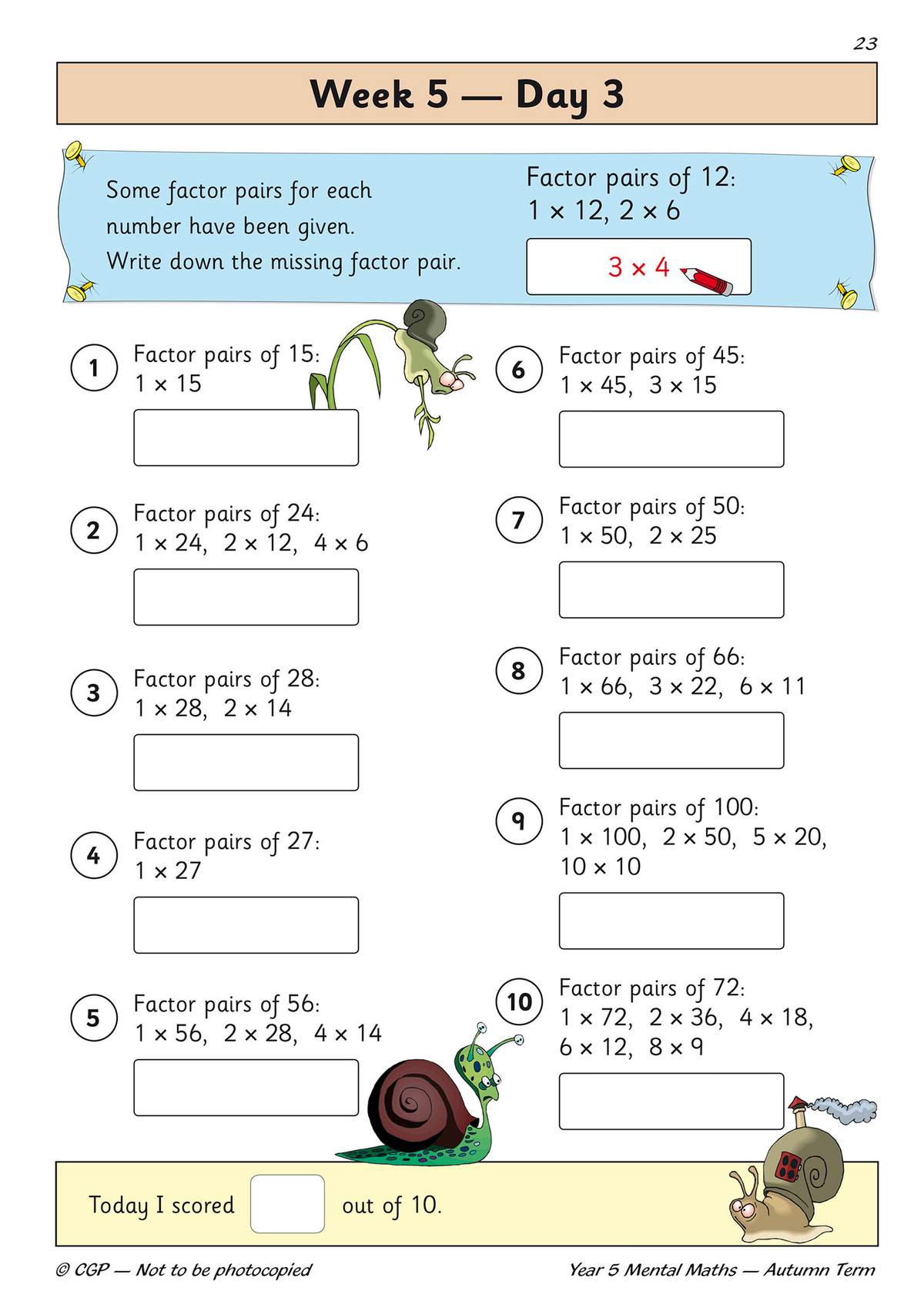 Ten exercises where children write the missing factor pair for each number, with a self-score box at the bottom