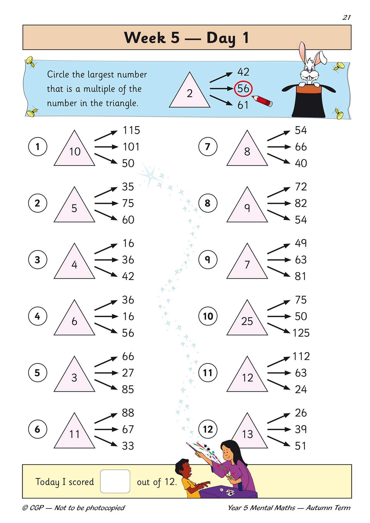 Twelve questions ask children to circle the largest multiple of a given number, with a scoring box at the bottom