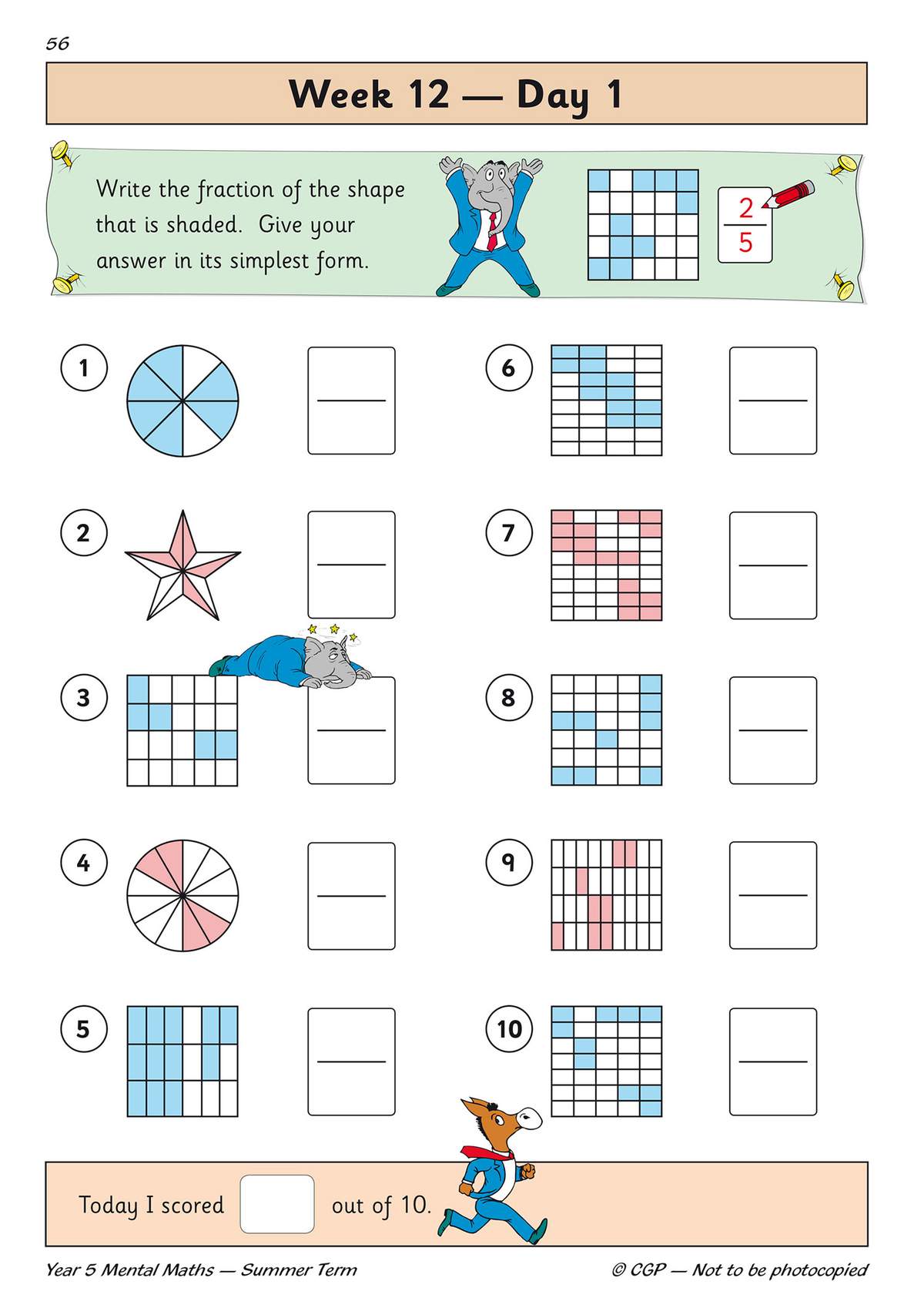 Ten questions ask children to write the fraction of shaded shapes in simplest form, with a self-score box at the bottom