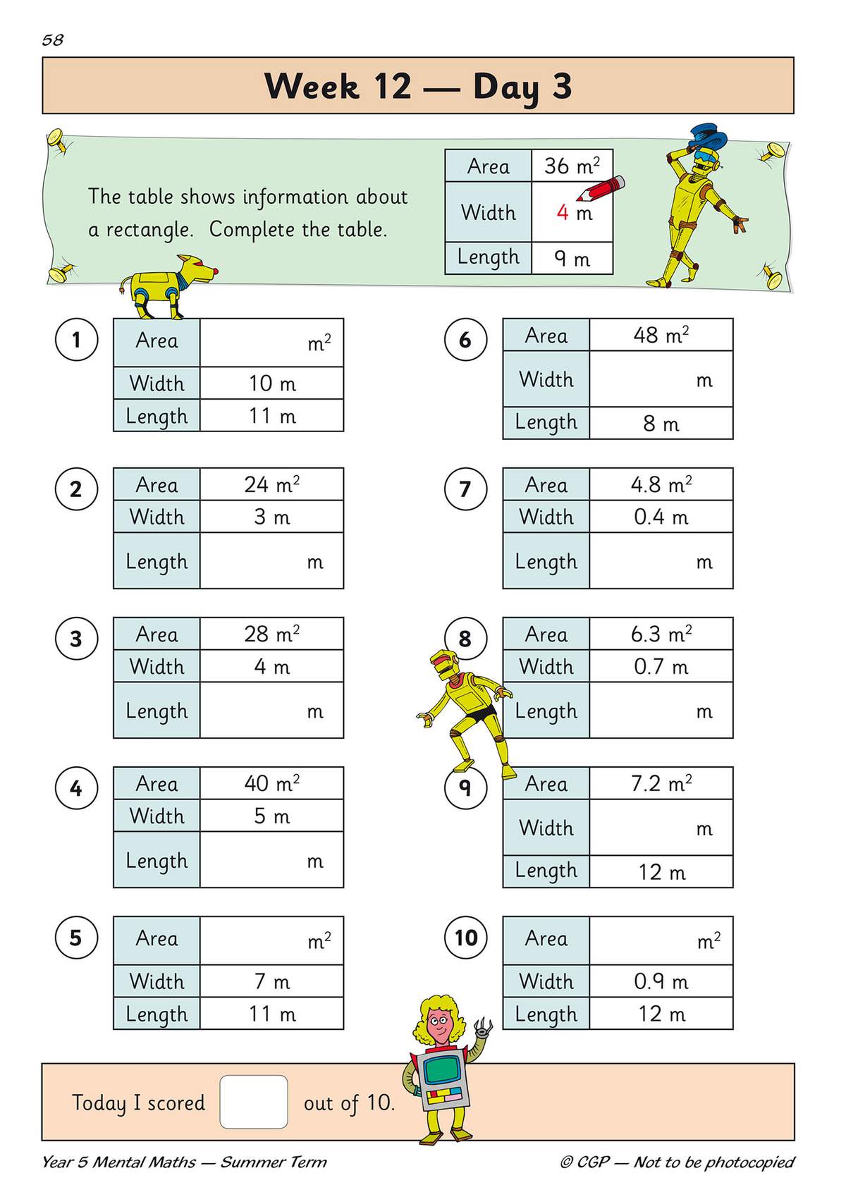 Ten questions where children calculate missing length or width of rectangles given the area