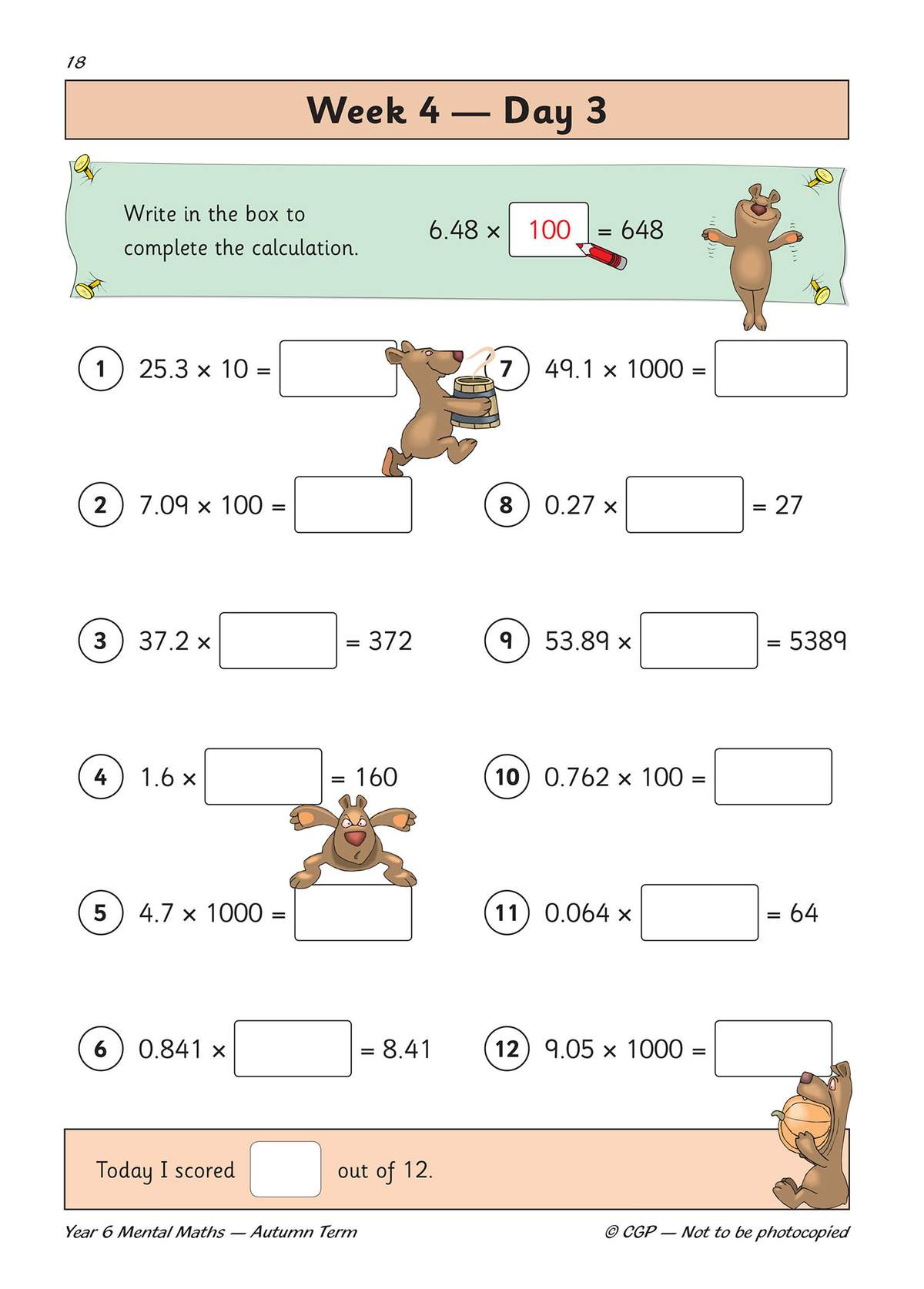 Twelve mental maths questions on multiplying decimals by 10, 100 and 1000, with a self-score box at the bottom