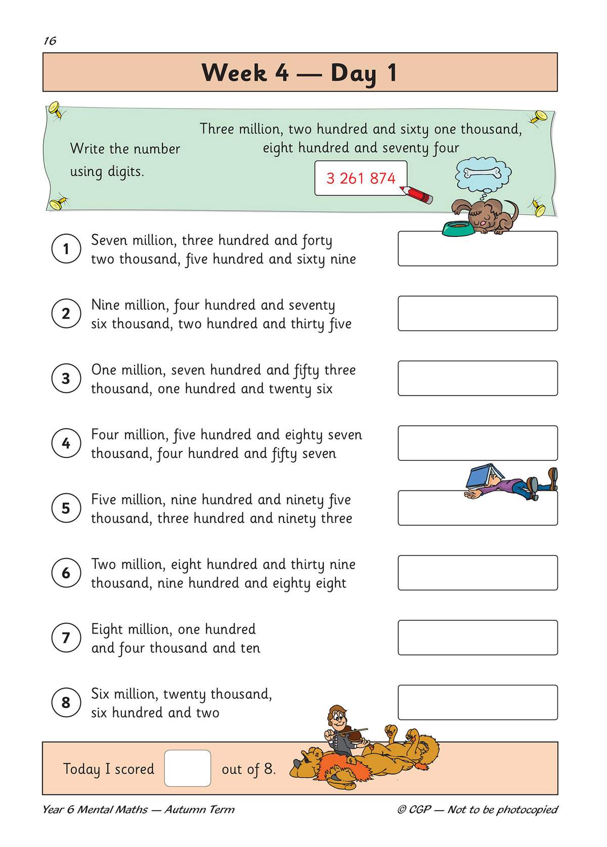 Eight questions ask children to write large numbers in digits, with a self-score box at the bottom