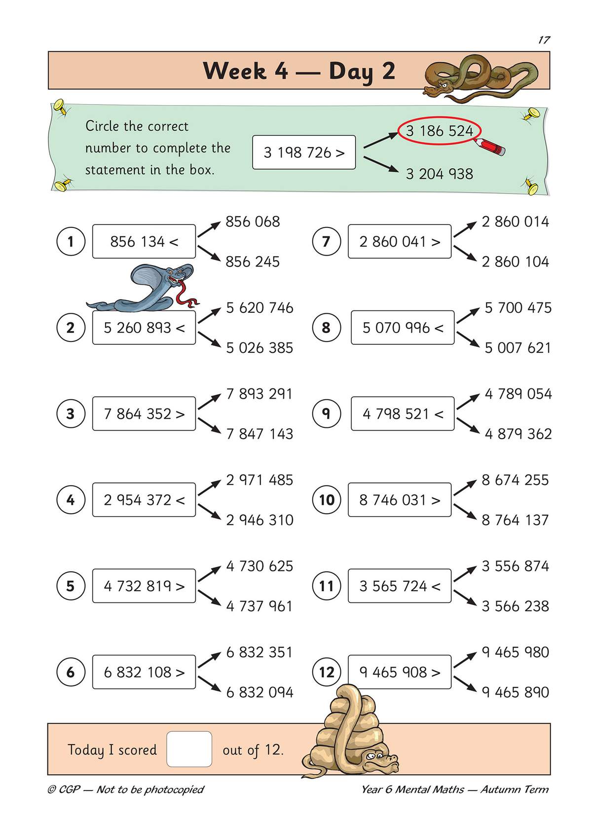Twelve questions ask children to circle the correct number to complete inequality statements