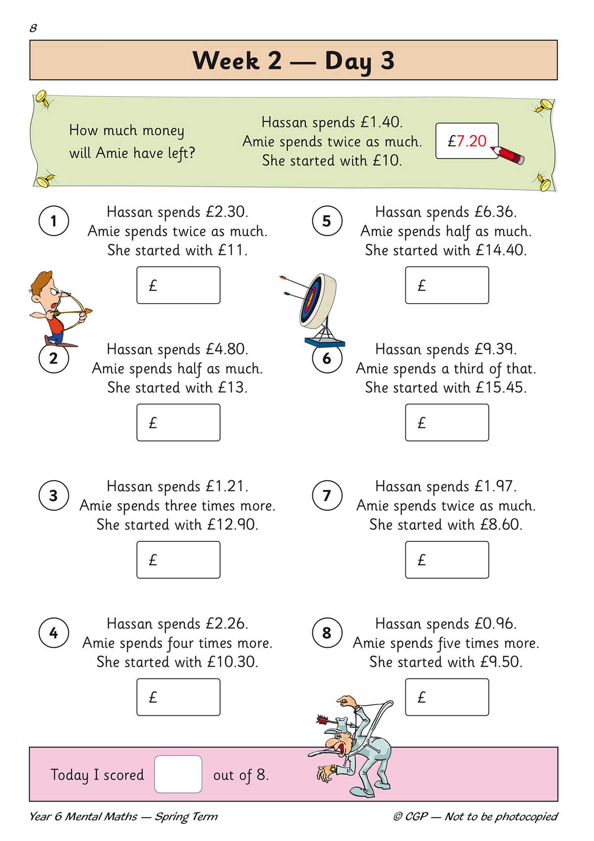 Eight mental maths problems on money, where children calculate how much Amie has left after spending