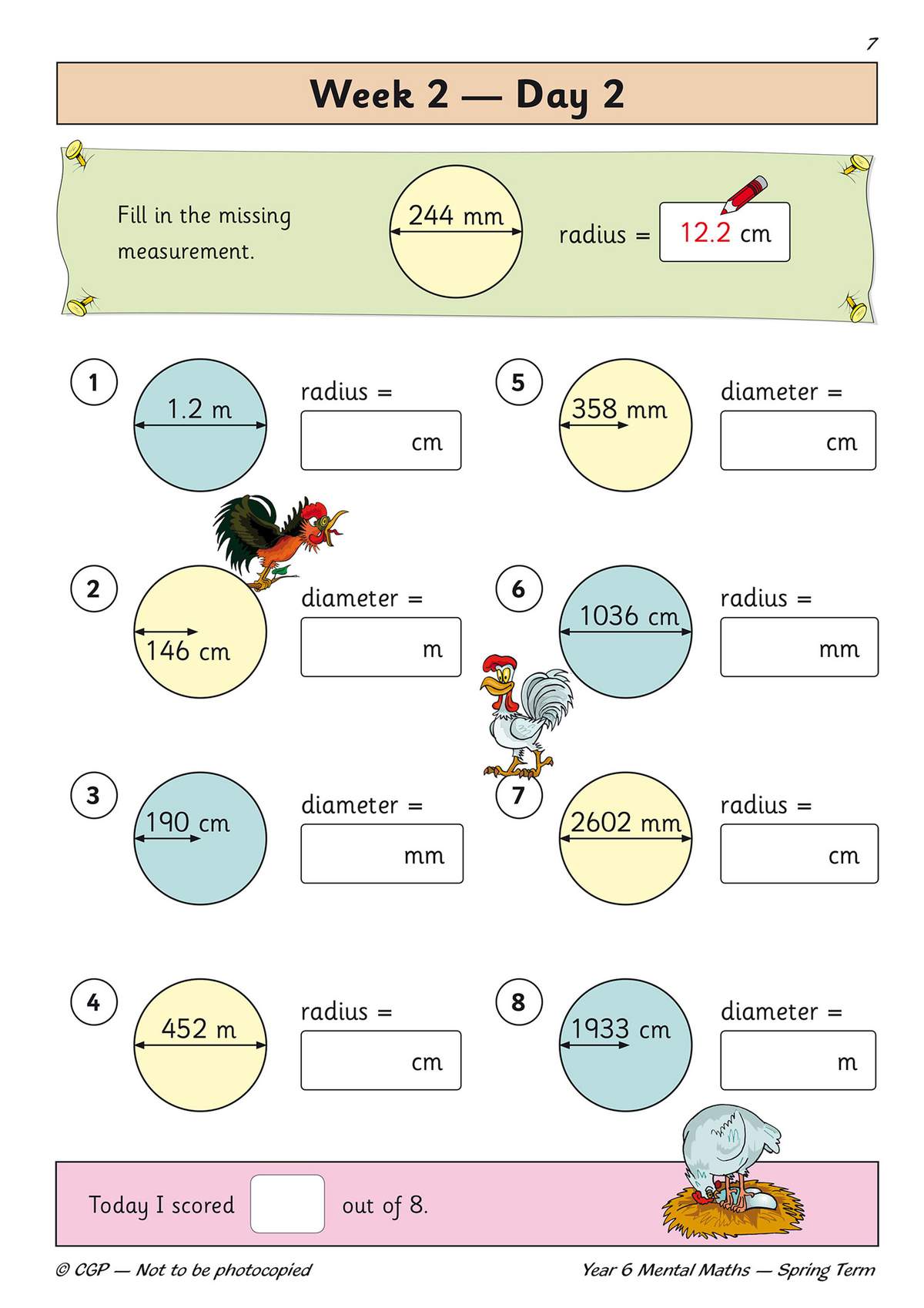 Eight questions ask children to convert between radius and diameter in metres, centimetres and millimetres