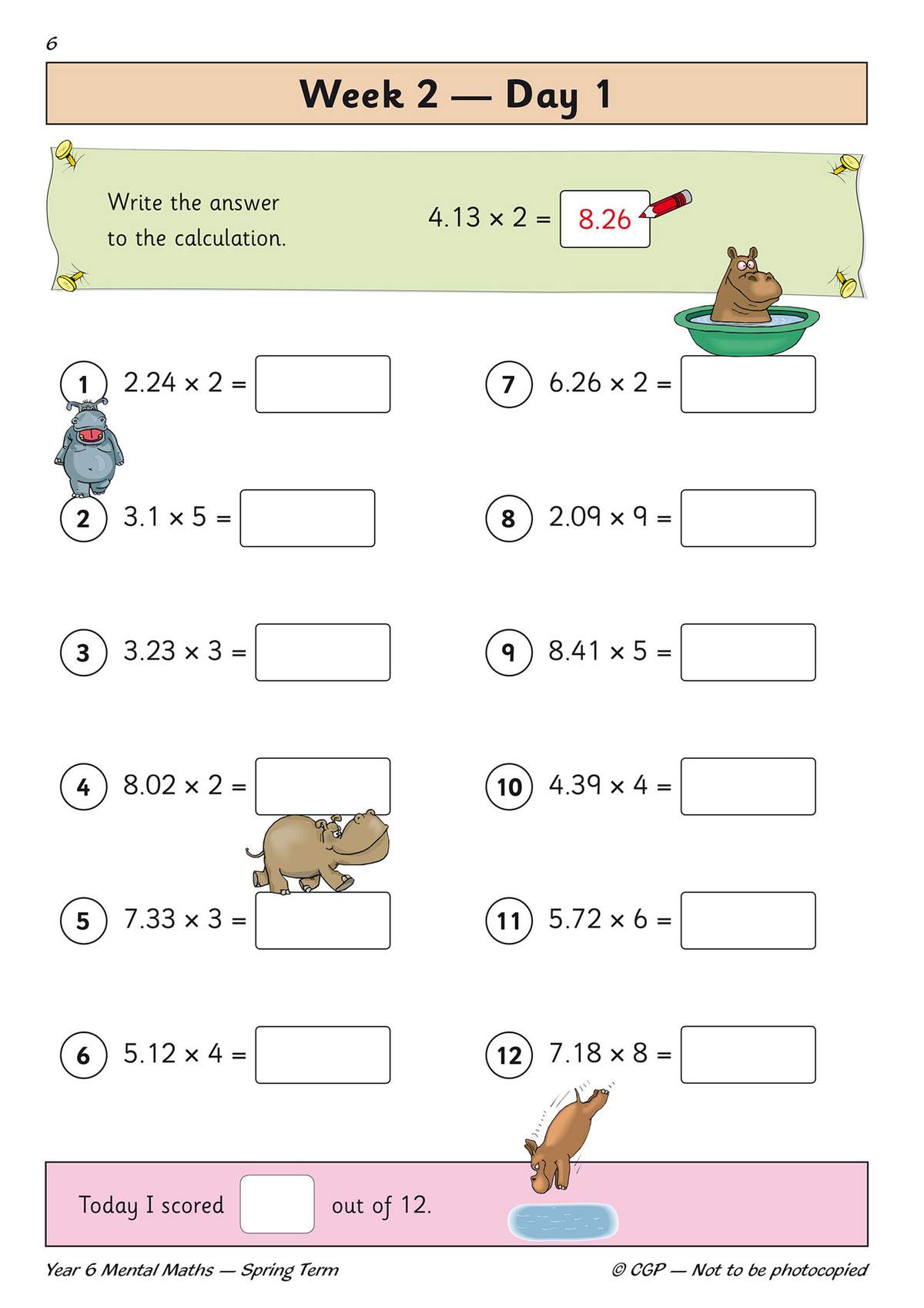 Twelve decimal multiplication questions with boxes to write answers in, plus a score tracker at the bottom