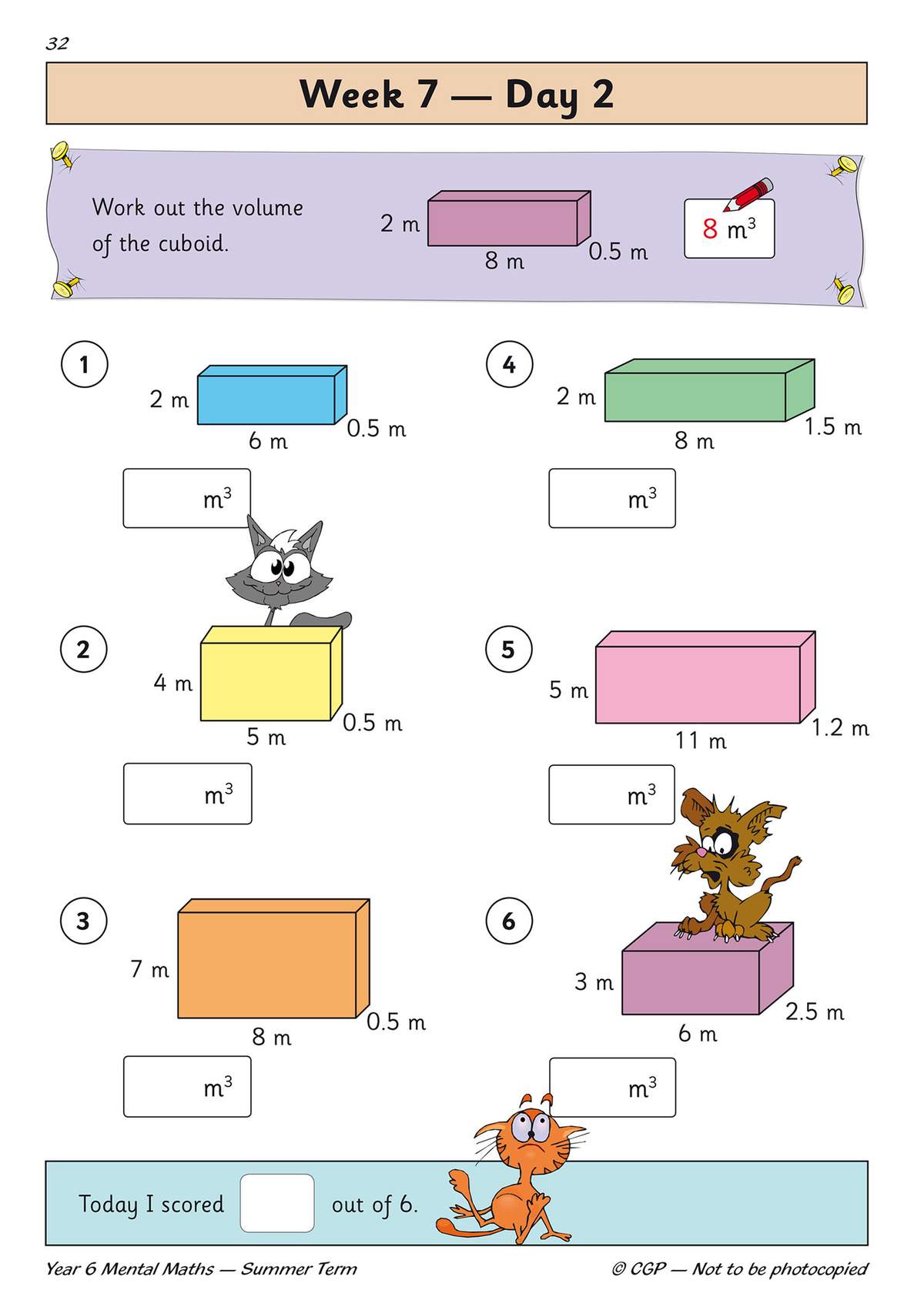 Six cuboids with dimensions in metres, children calculate the volume in cubic metres and tick a score