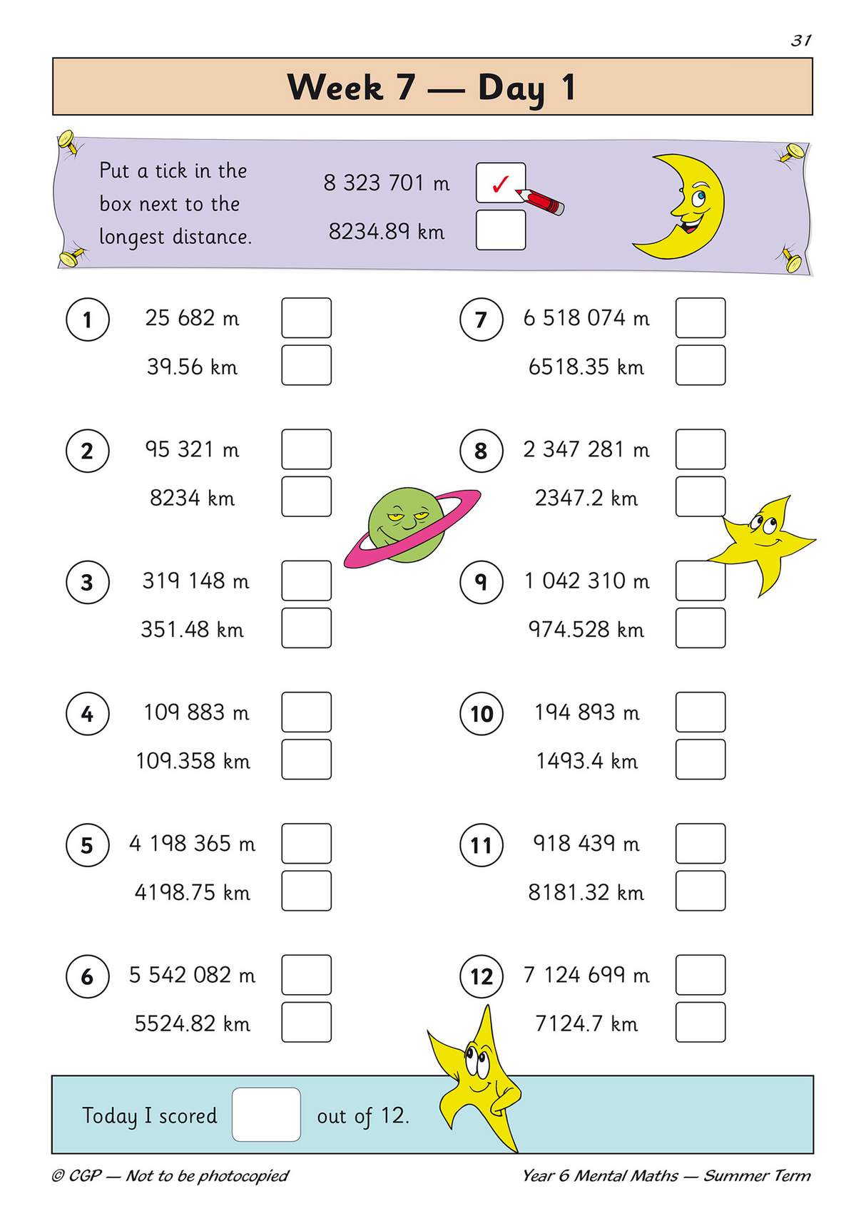 Twelve questions ask children to tick the longest distance between metres and kilometres, with a scoring box at the bottom