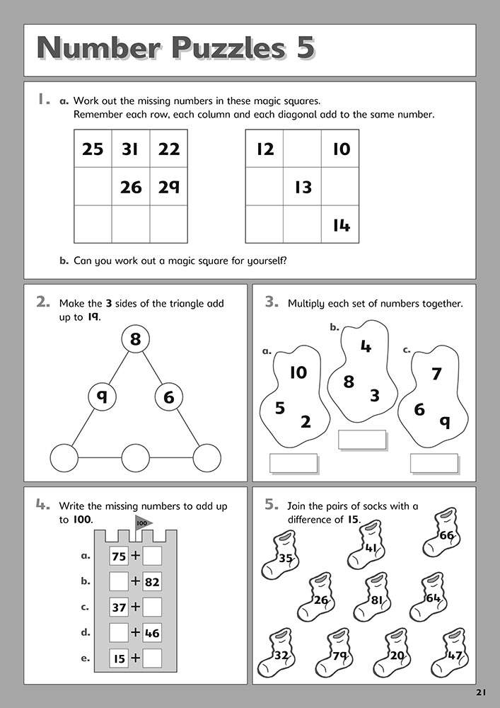 Children solve five maths puzzles involving magic squares, number triangles, multiplication, addition and matching socks