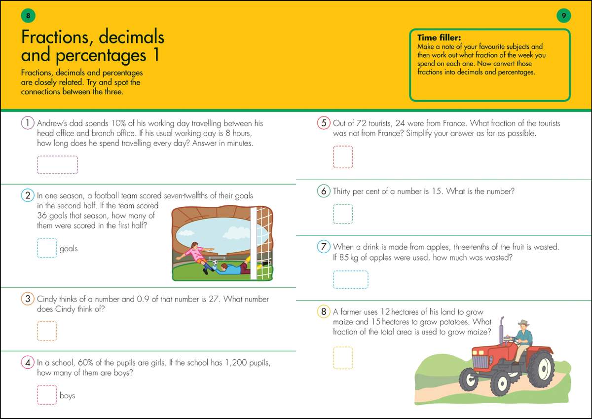 Eight word problems on fractions, decimals and percentages, with boxes for answers and a time-filler activity