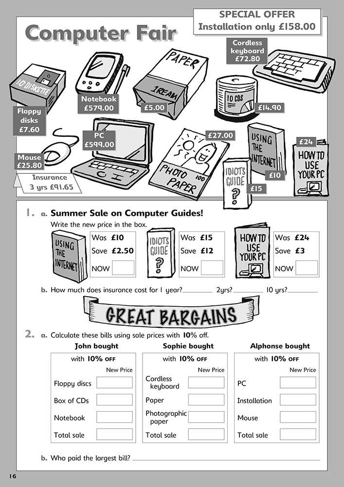 Children calculate discounted prices for computer items and compare total bills to find the largest one