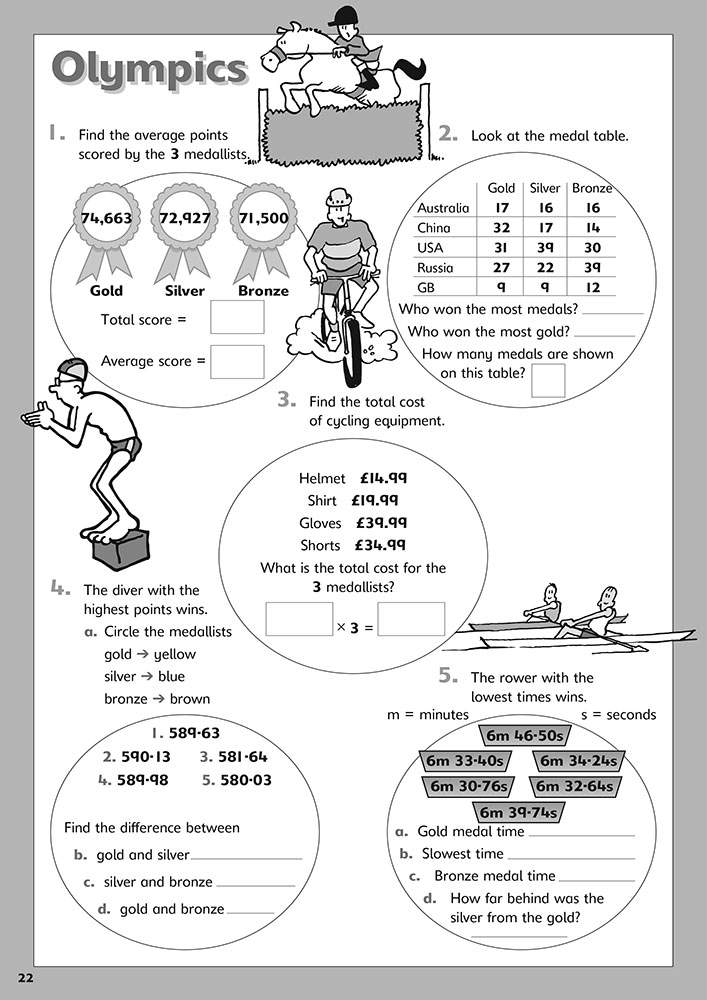 Children calculate averages from medal scores, add equipment costs, and compare times to find differences
