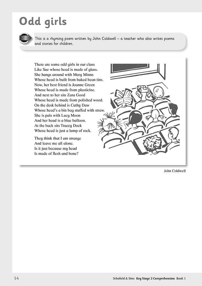 A rhyming poem about girls with unusual heads, illustrated with a cartoon classroom scene