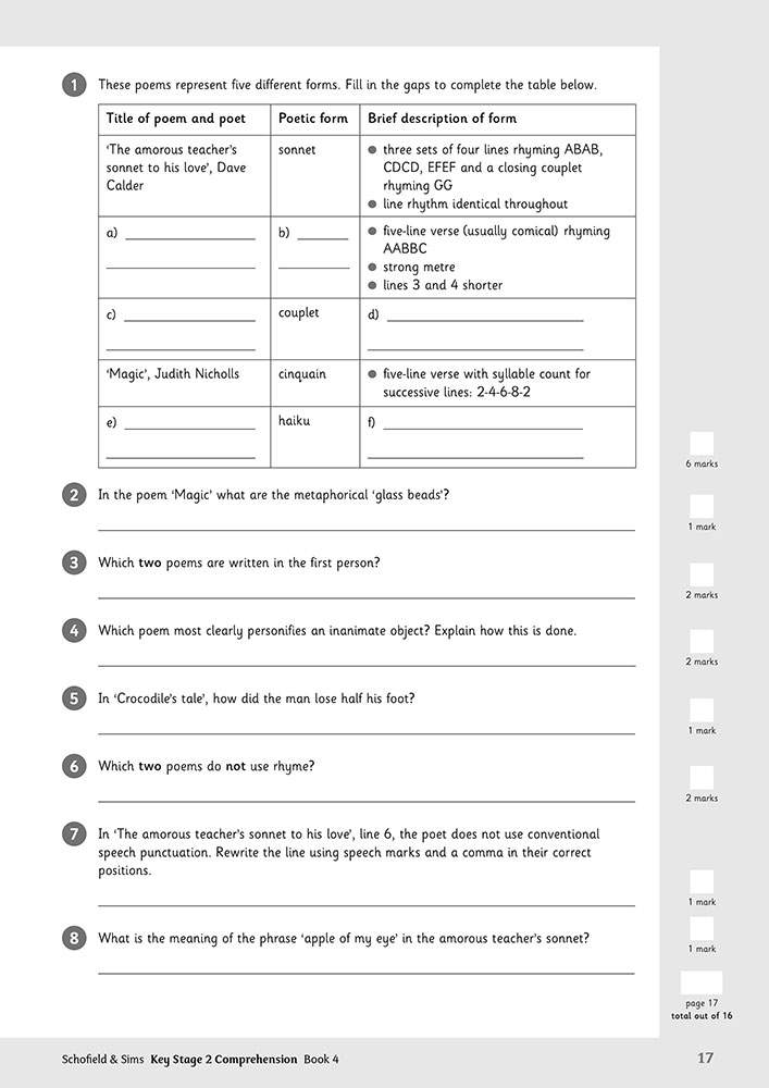 A table to complete with poem titles and forms, followed by eight short-answer questions on rhyme