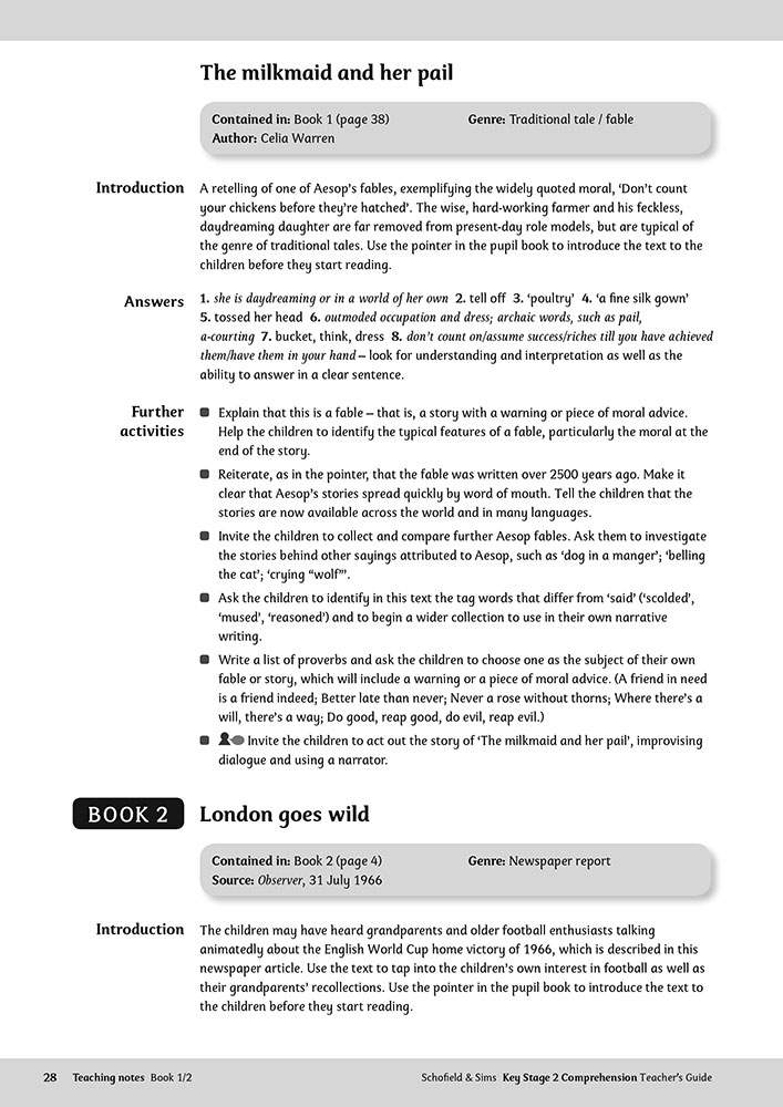 Teacher notes for a fable and a newspaper report, with guidance on introducing texts and teaching comprehension skills