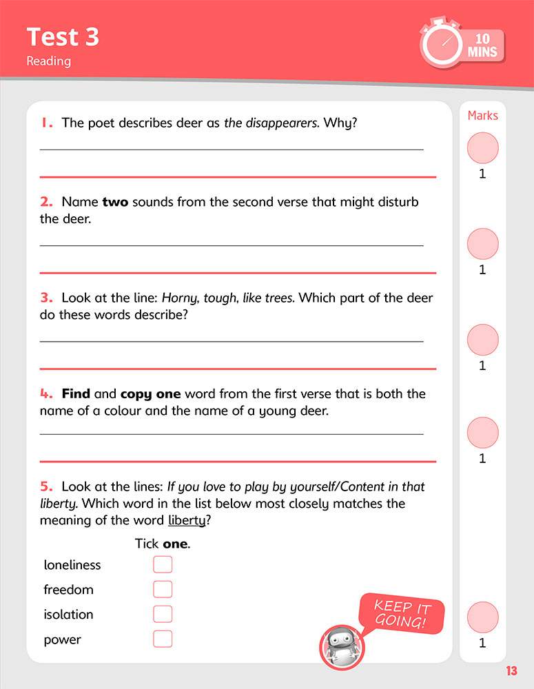 Five reading questions on a poem about deer, including a vocabulary matching task, with a 10-minute timer and a robot mascot